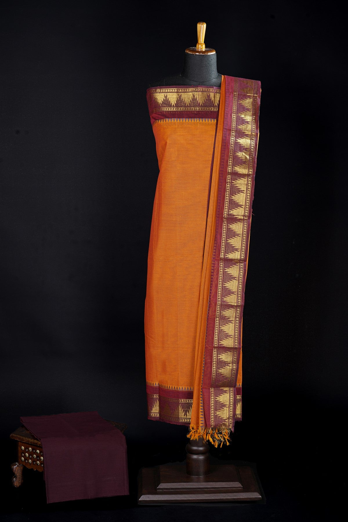 Cotton Orange Zari Woven Border Dress Material