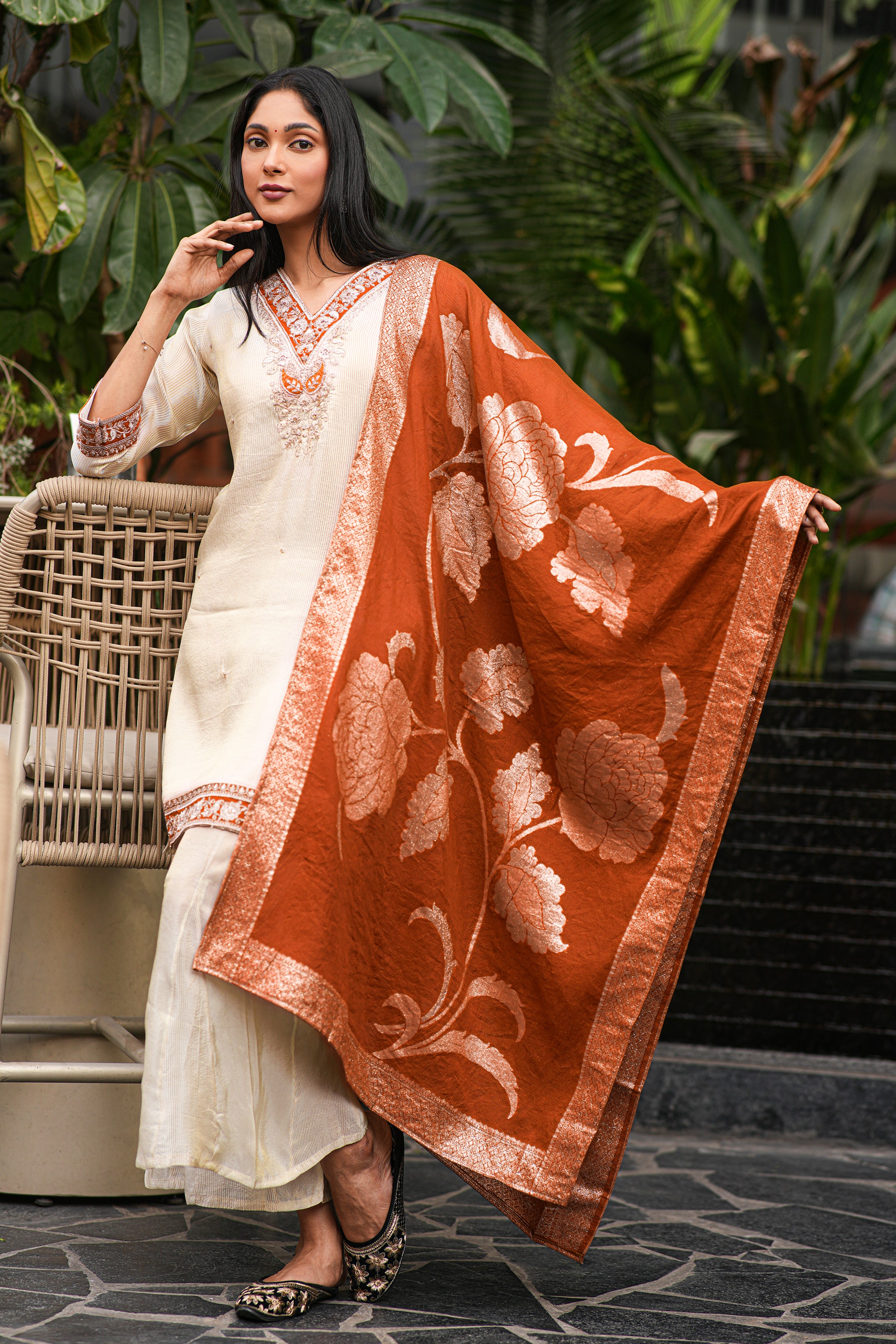 Shimmer Cream And Pink V Neck Sharara Suit