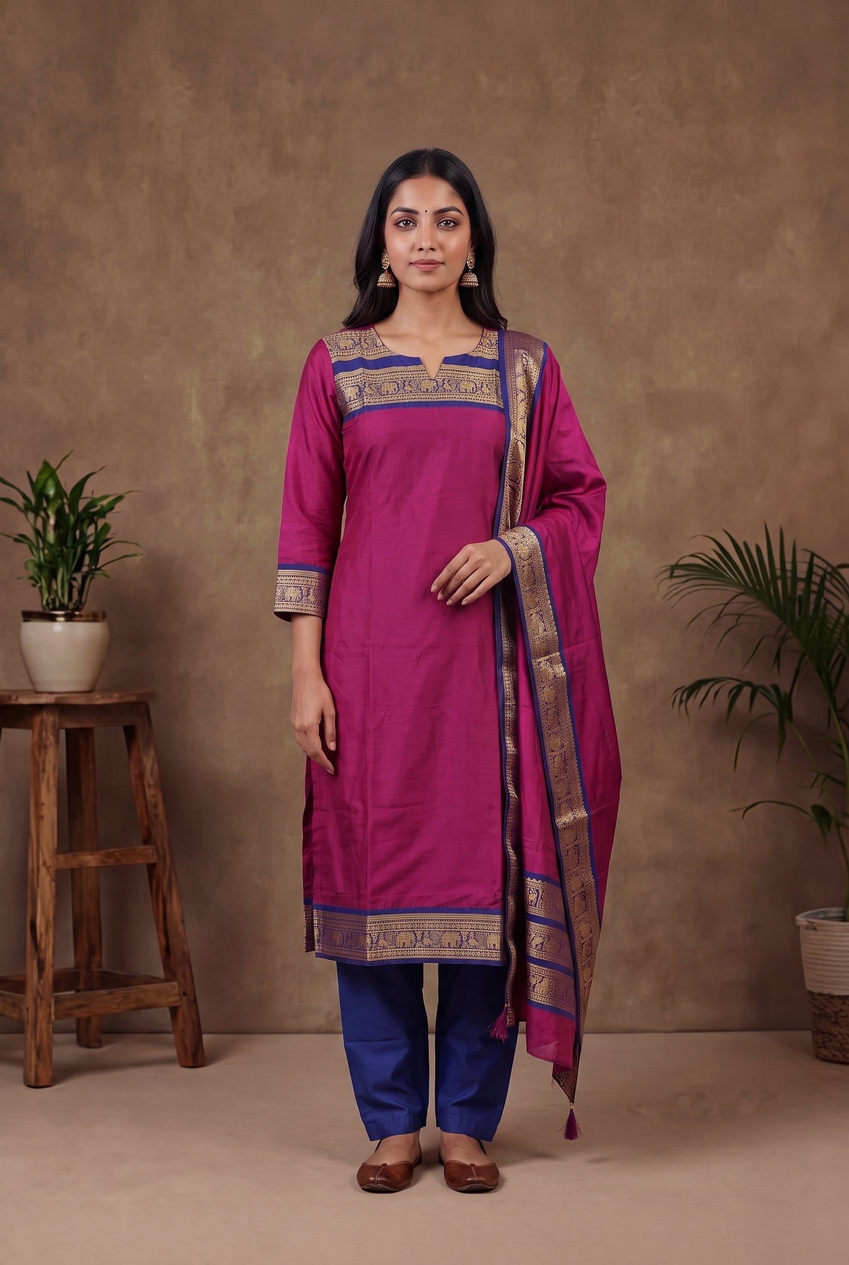 Chanderi Embroidery Wine Kurti Set With Dupatta