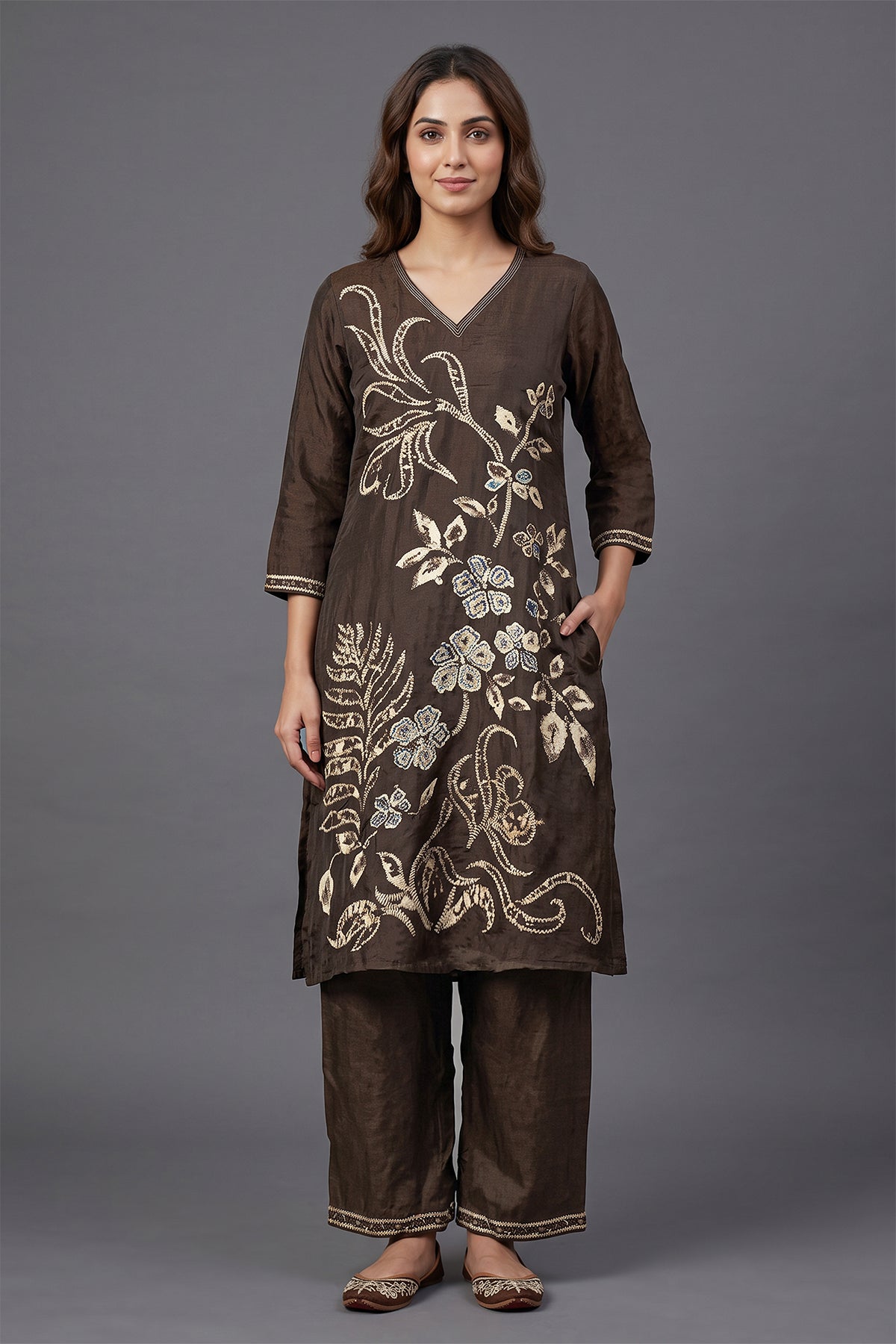 Chanderi Embroidered Dark Brown Kurti Set