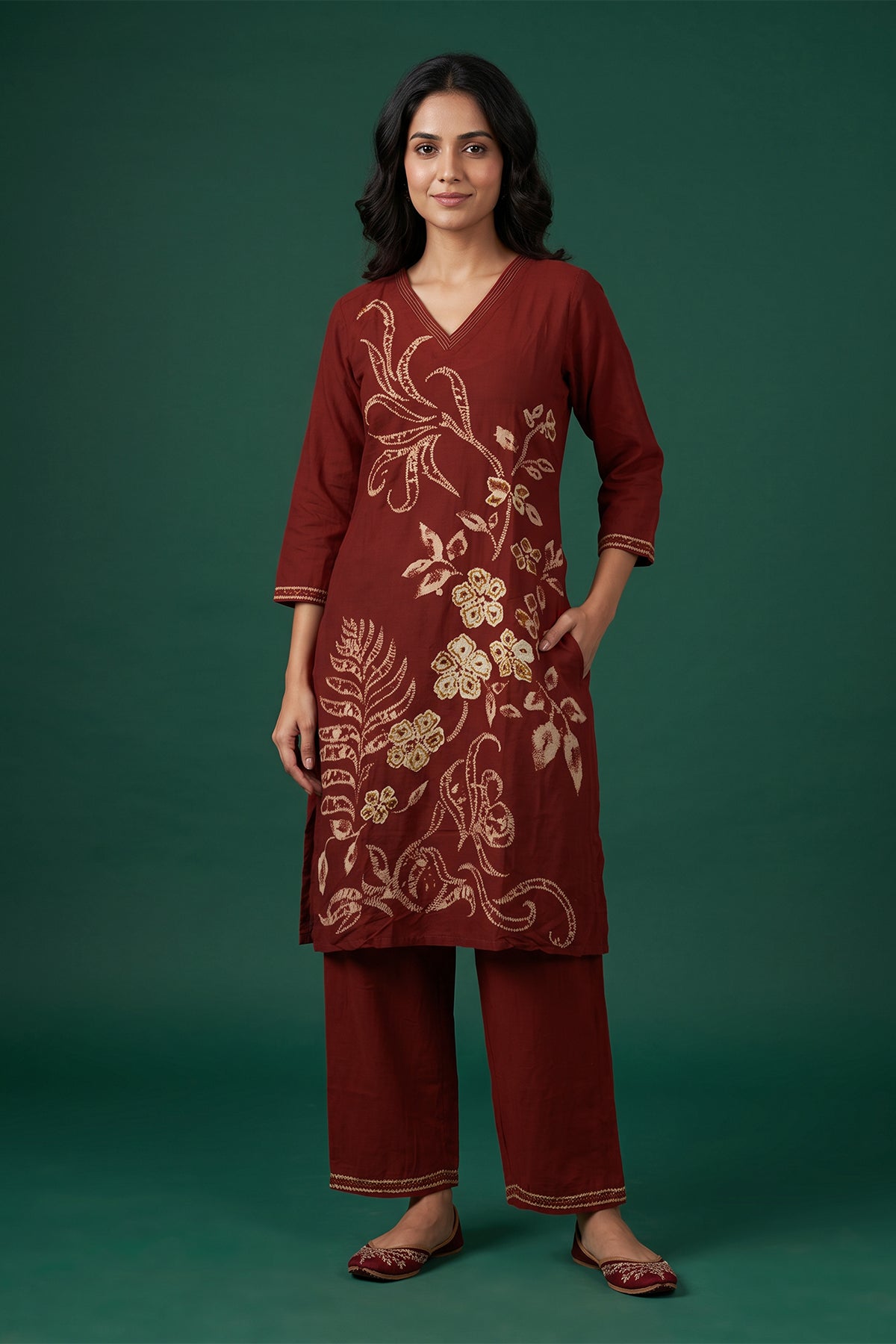 Chanderi Printed Maroon Kurti Set