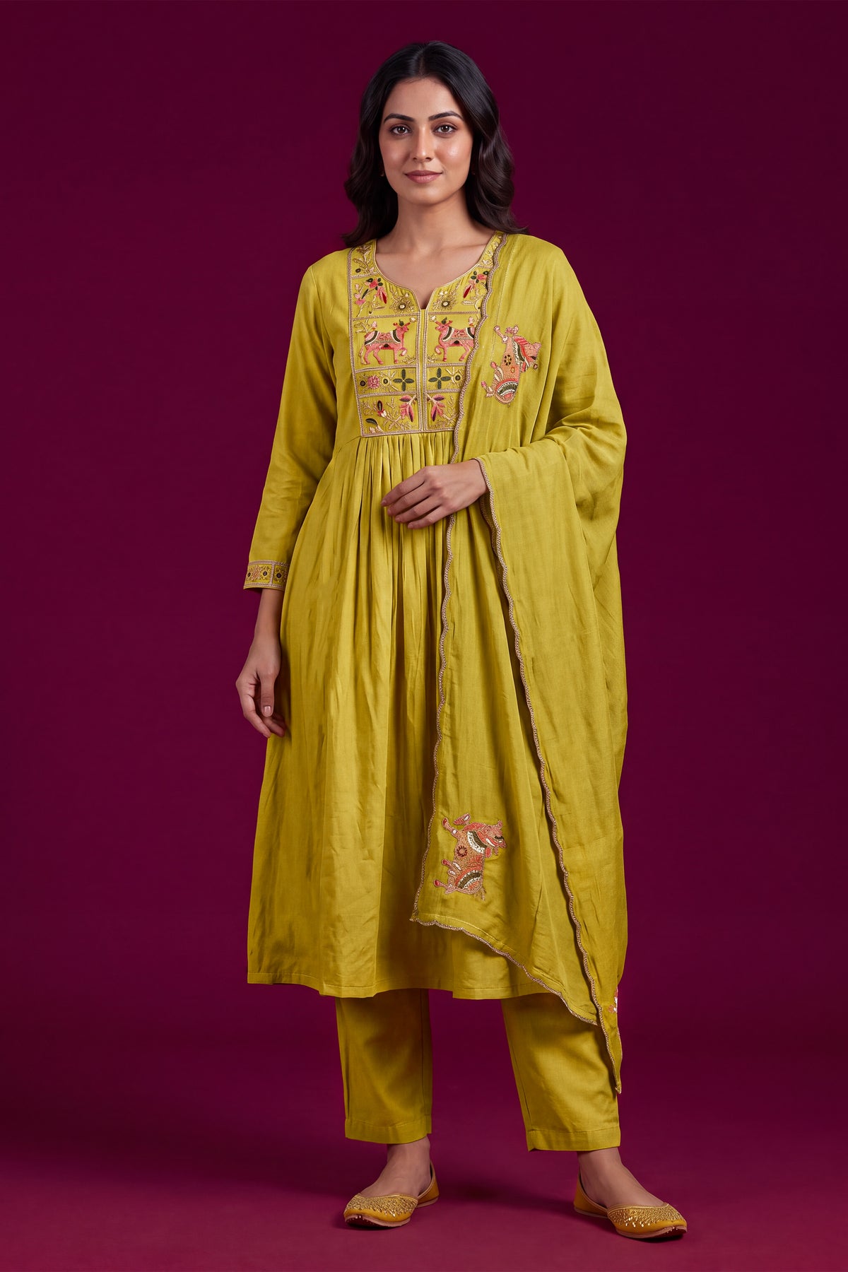 Chanderi Embroidered Yellow Kurti Set With Dupatta