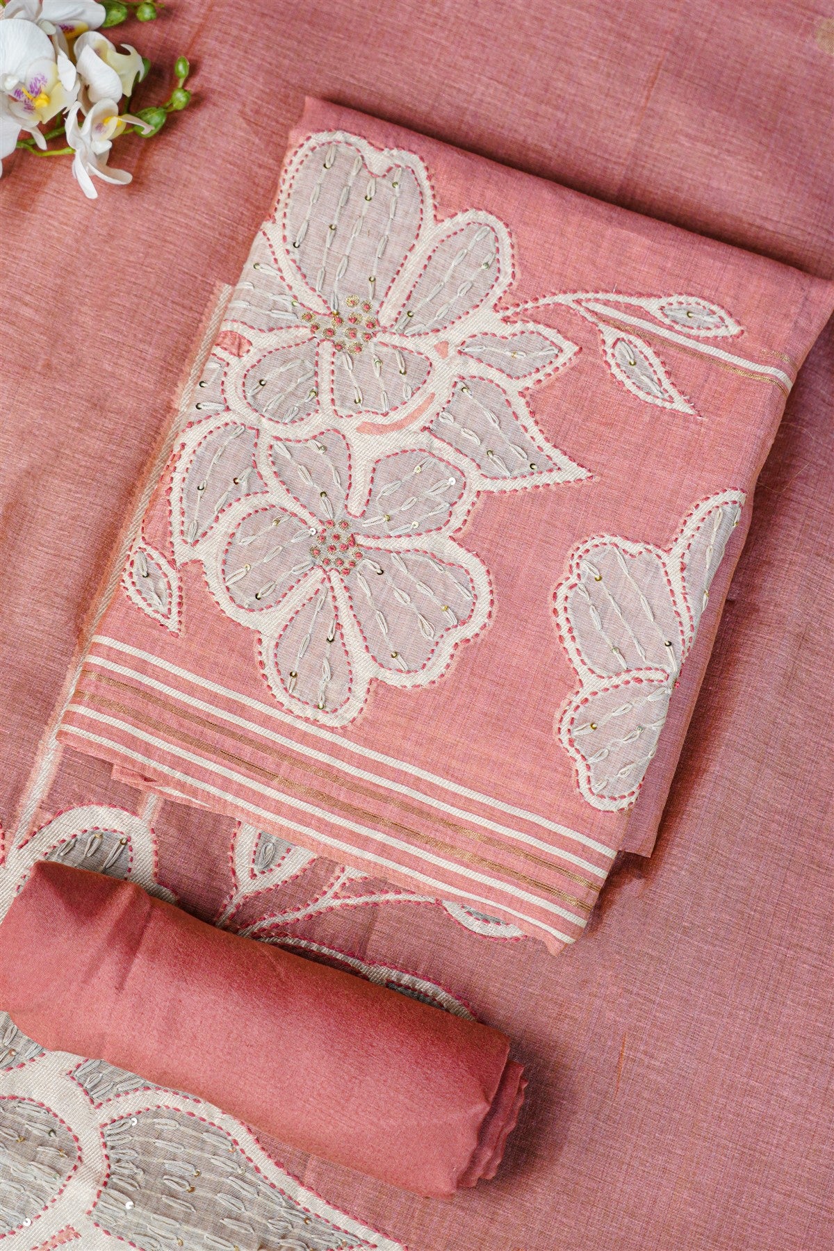 Chanderi Peach Embroidered Floral Dress Material