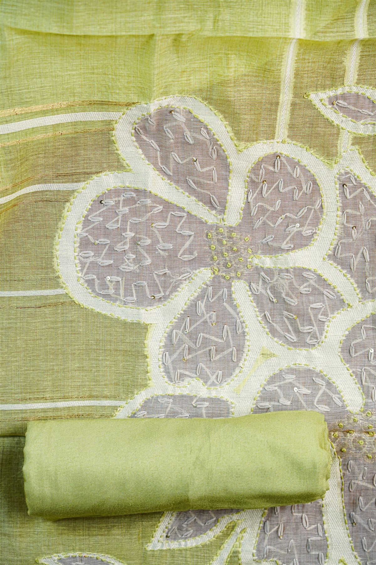 Chanderi Sage Green Embroidered Dress Material