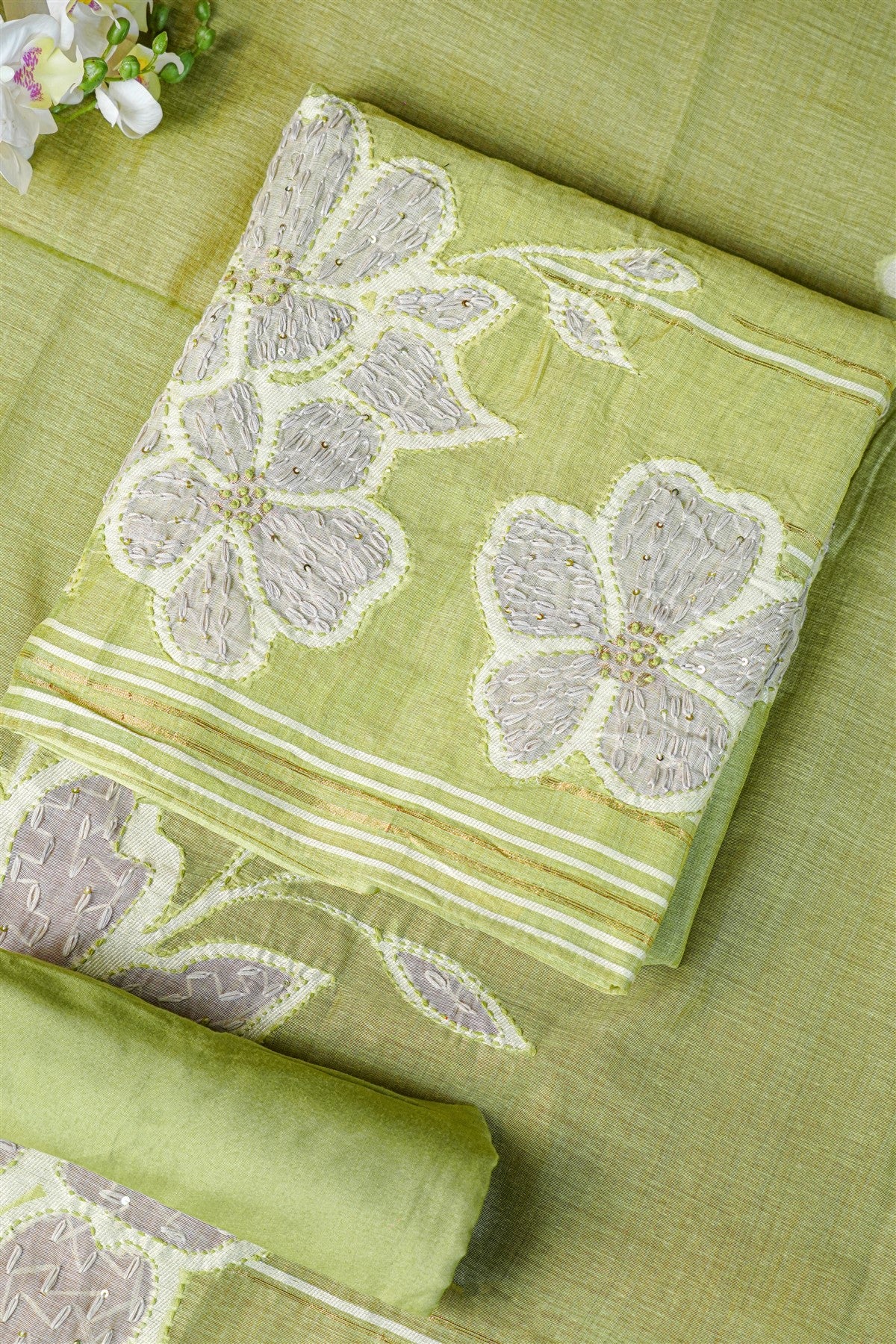 Chanderi Sage Green Embroidered Dress Material