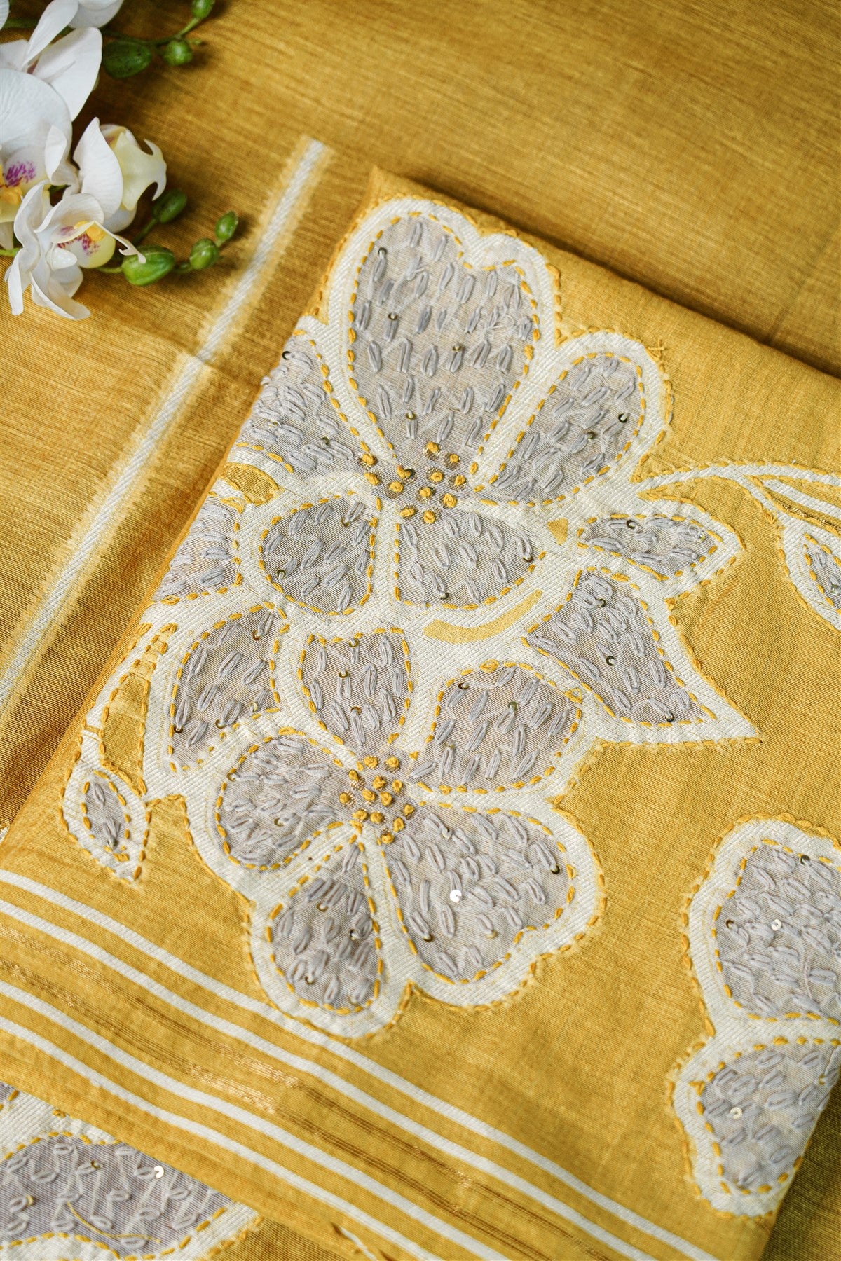 Chanderi Mustard Embroidery Dress Material