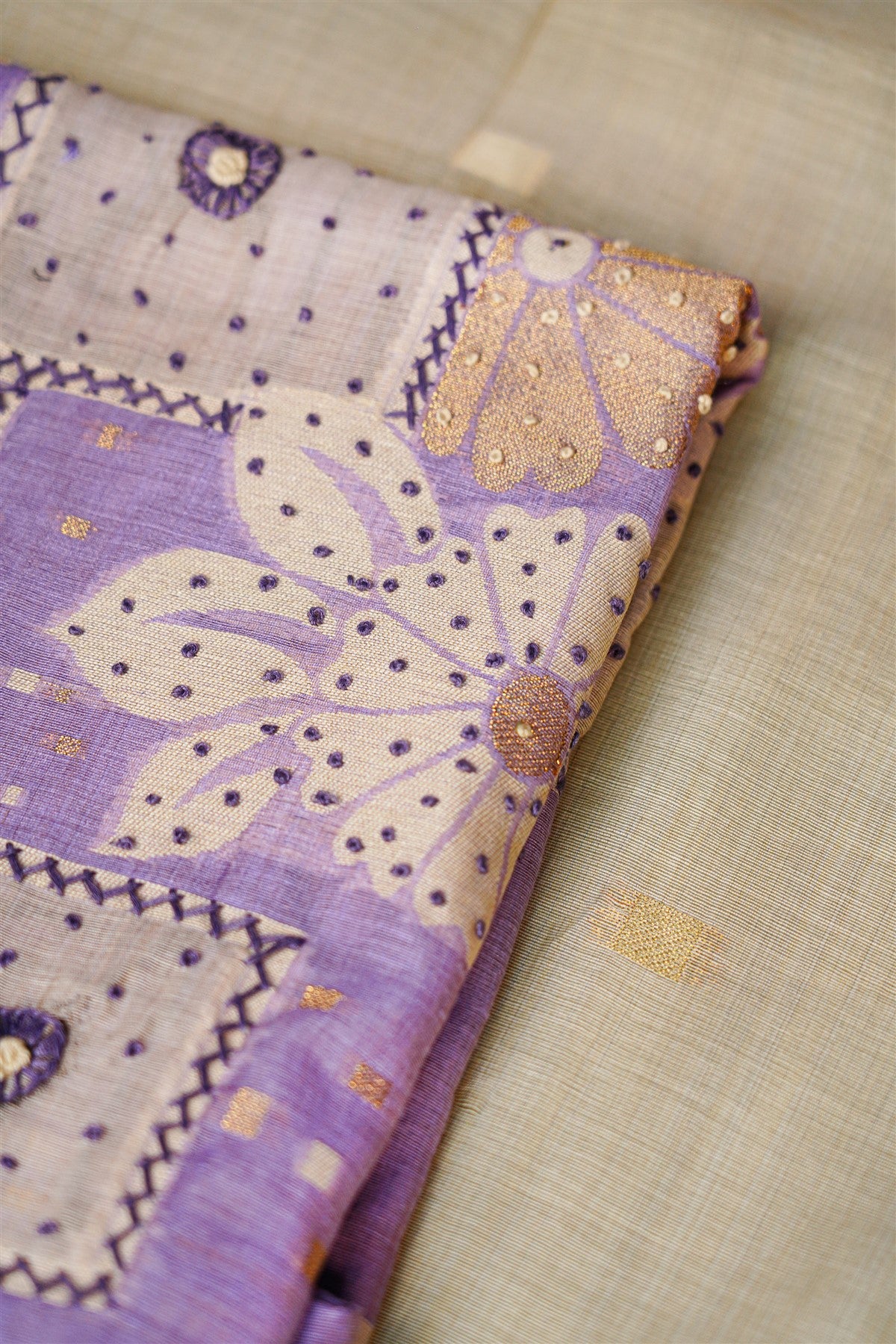 Chanderi Lavender Printed Embroidered Dress Material