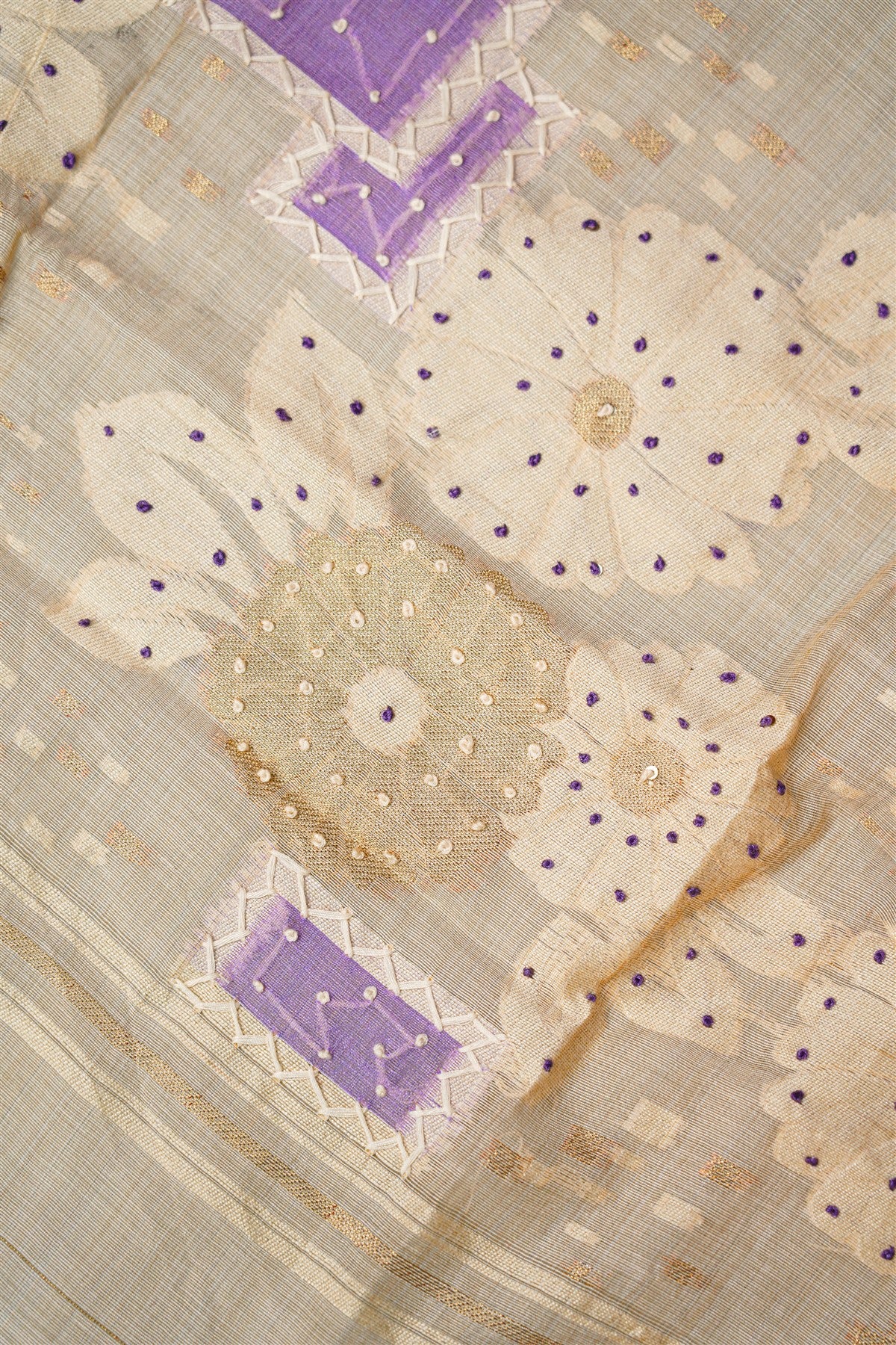 Chanderi Lavender Printed Embroidered Dress Material
