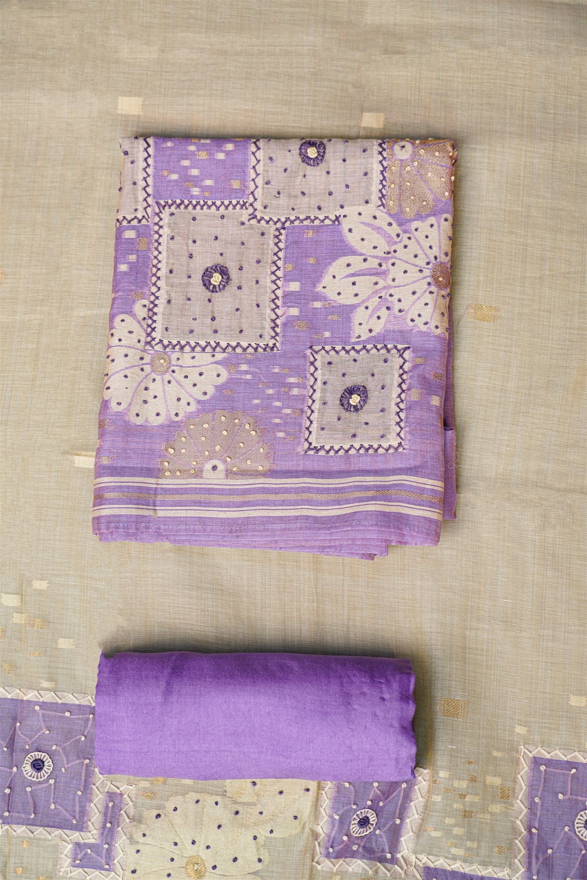 Chanderi Lavender Printed Embroidered Dress Material