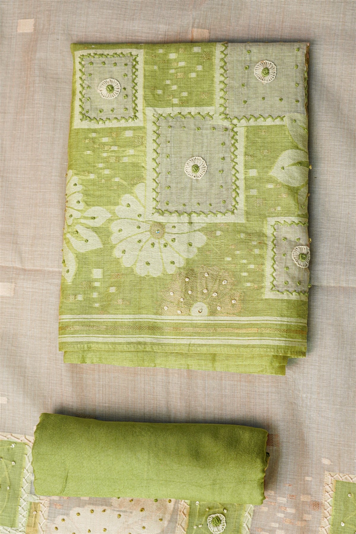 Chanderi Green Printed Embroidered Dress Material