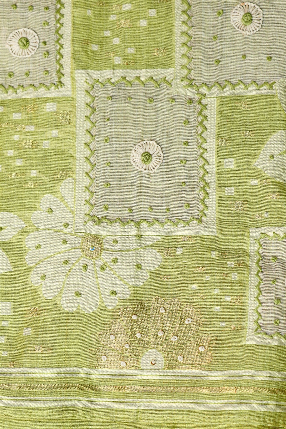 Chanderi Green Printed Embroidered Dress Material