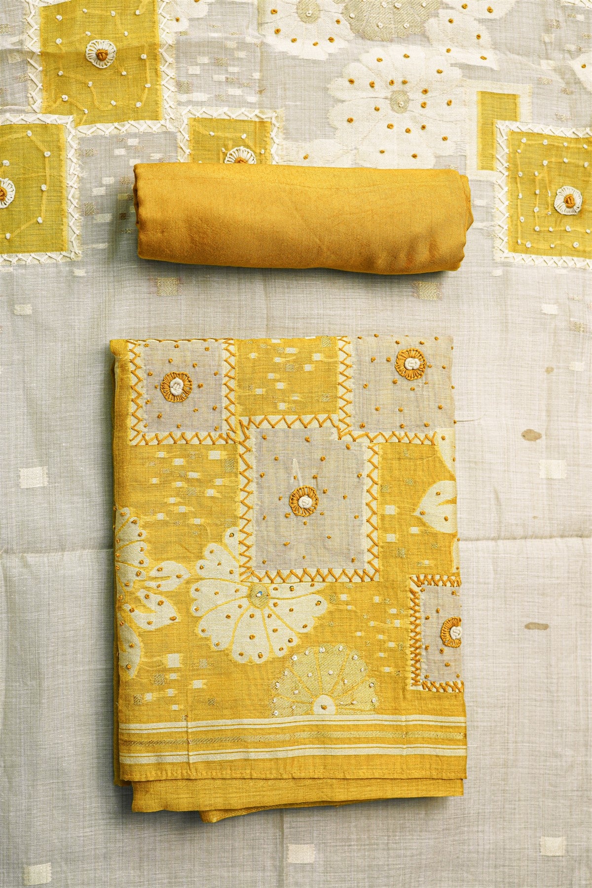 Chanderi Mustard Yellow Printed Embroidered Dress Material