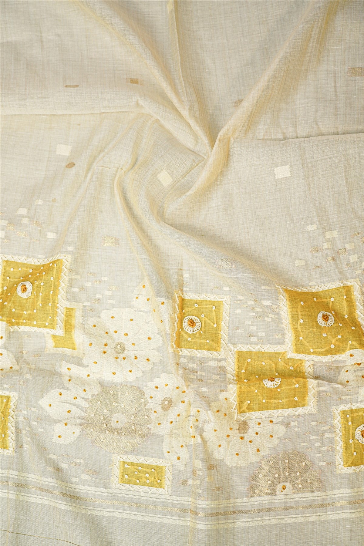 Chanderi Mustard Yellow Printed Embroidered Dress Material