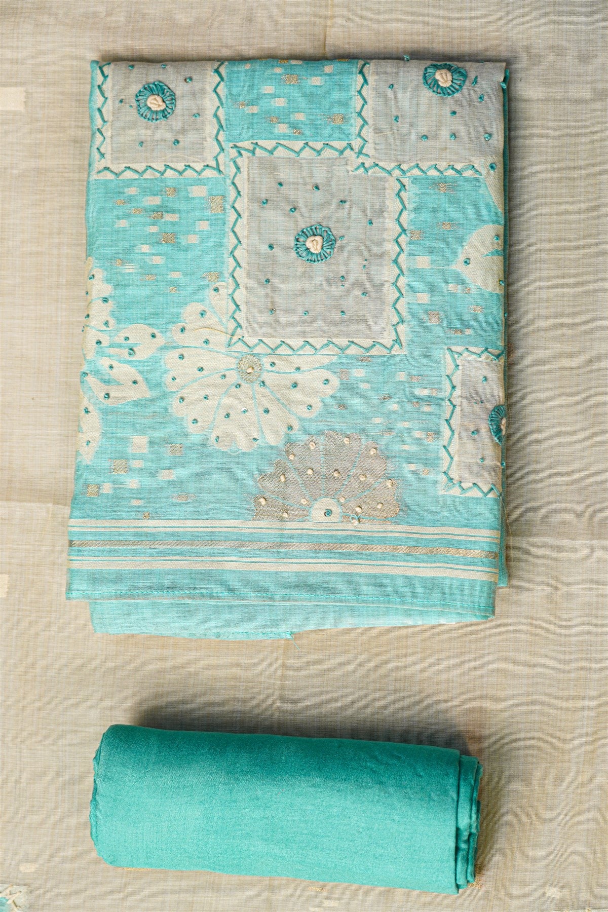 Chanderi Sky Blue Printed Embroidered Dress Material
