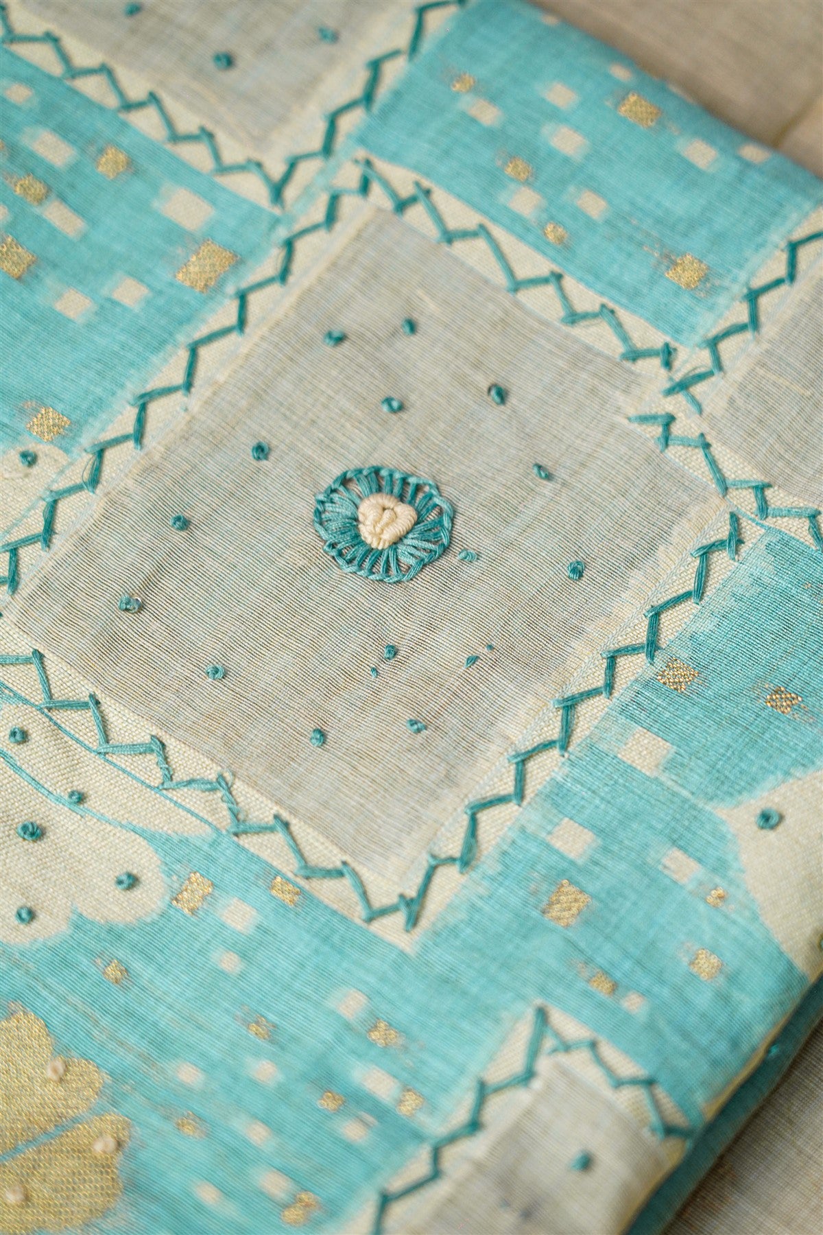 Chanderi Sky Blue Printed Embroidered Dress Material