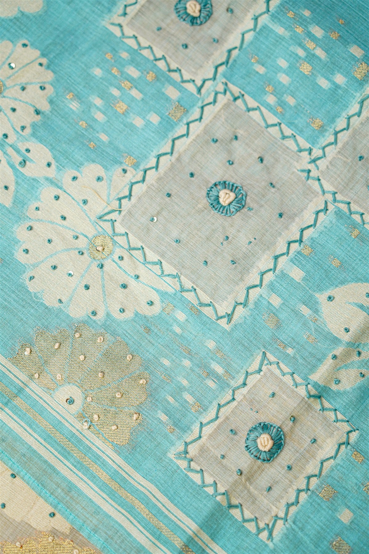 Chanderi Sky Blue Printed Embroidered Dress Material