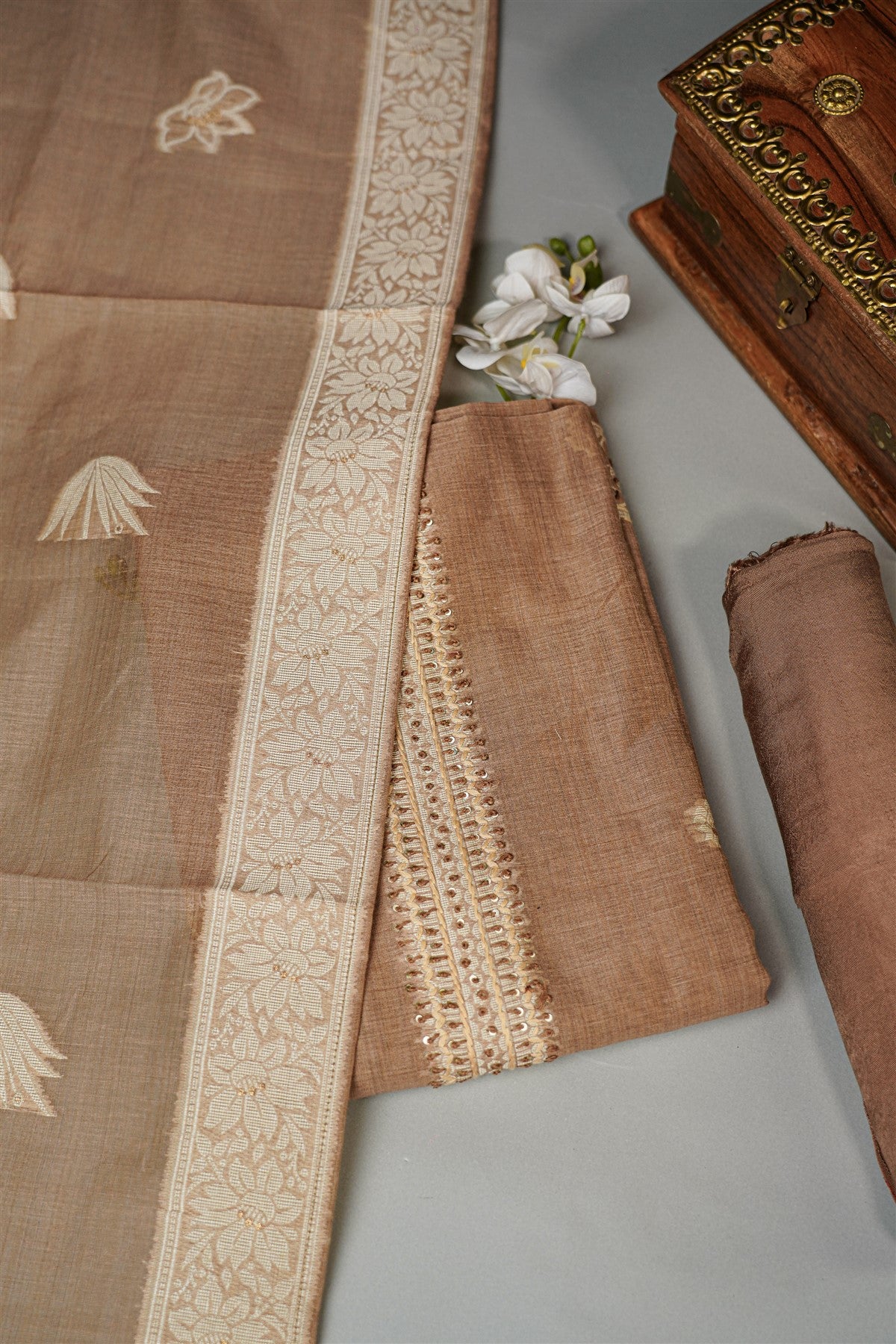 Chanderi Brown Embroidered Dress Material