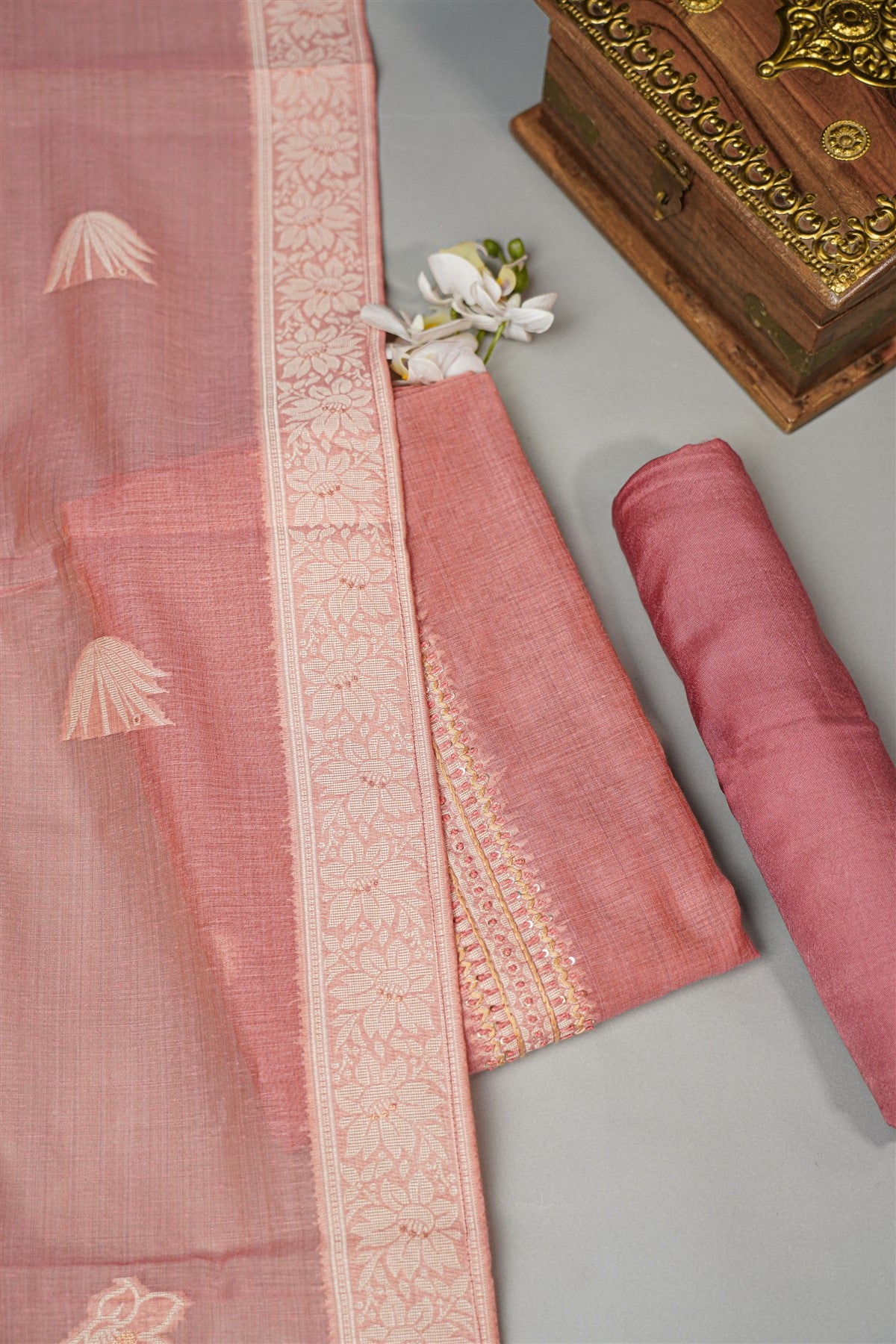 Chanderi Rose Pink Embroidered Dress Material