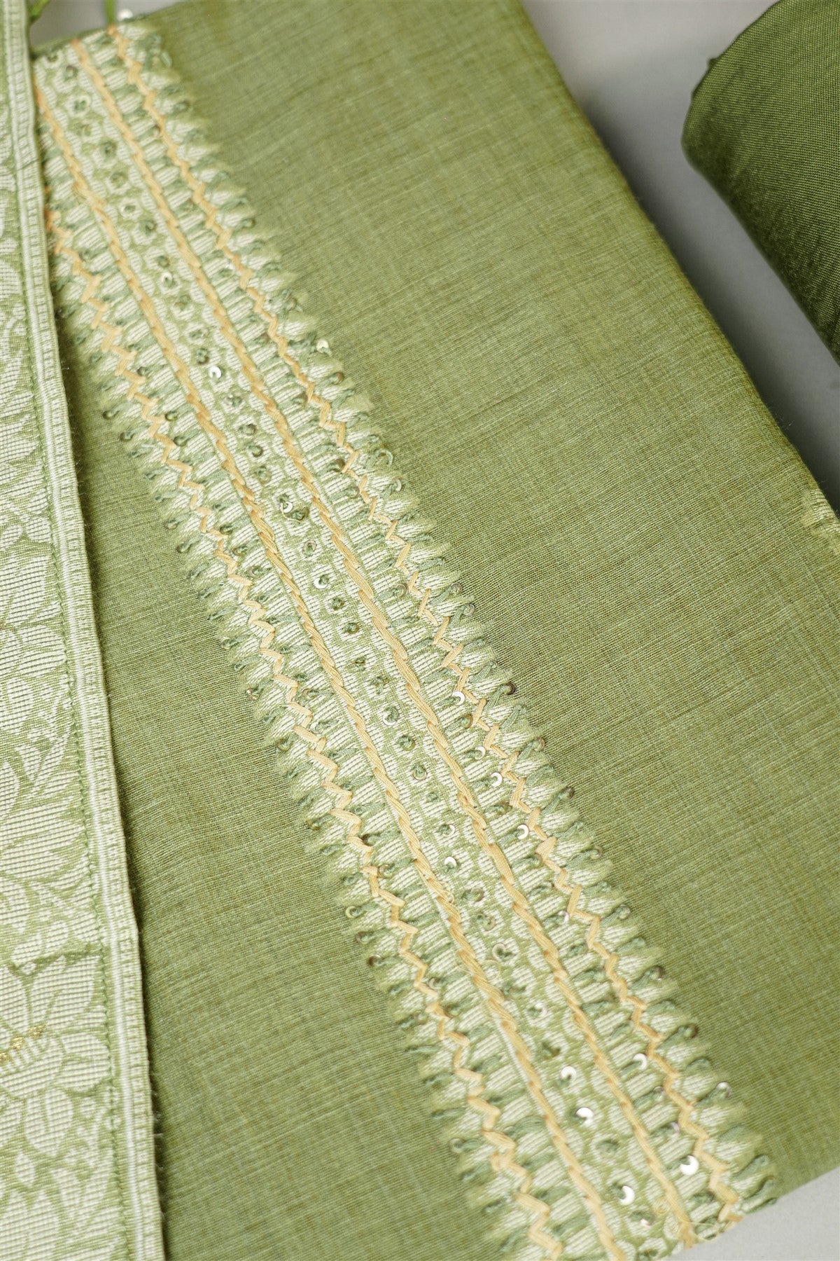 Chanderi Mehendi Green Embroidered Dress Material