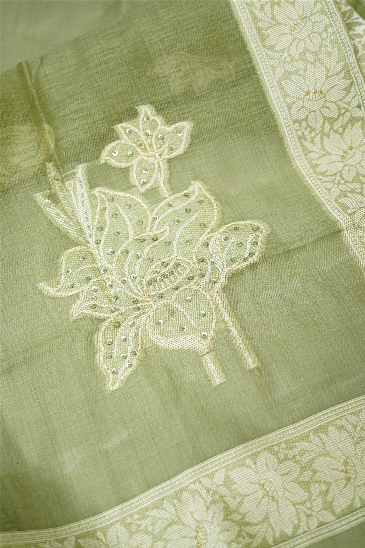 Chanderi Mehendi Green Embroidered Dress Material