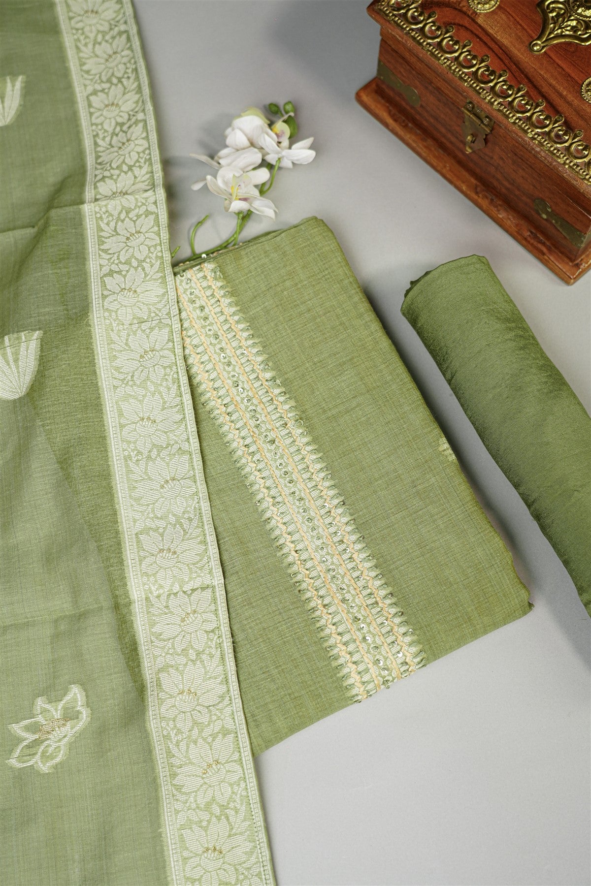 Chanderi Mehendi Green Embroidered Dress Material