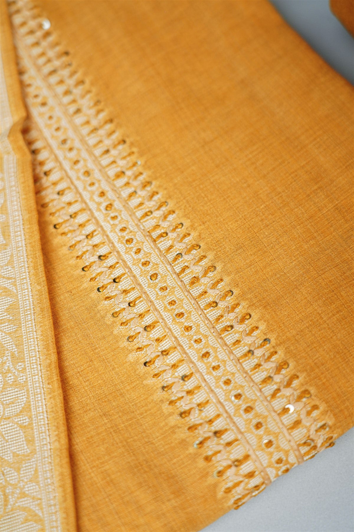 Chanderi Mustard Yellow Embroidered Dress Material