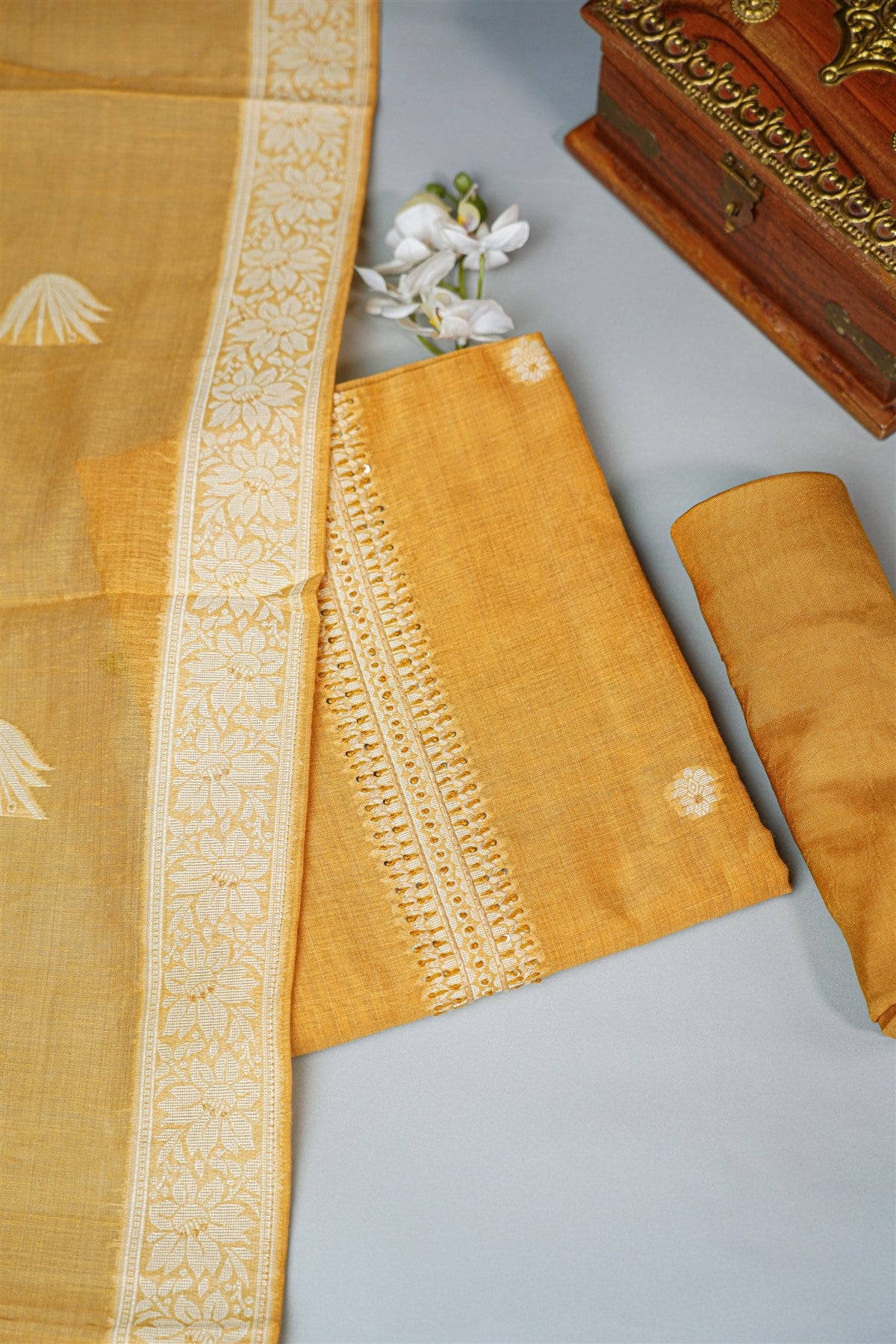 Chanderi Mustard Yellow Embroidered Dress Material