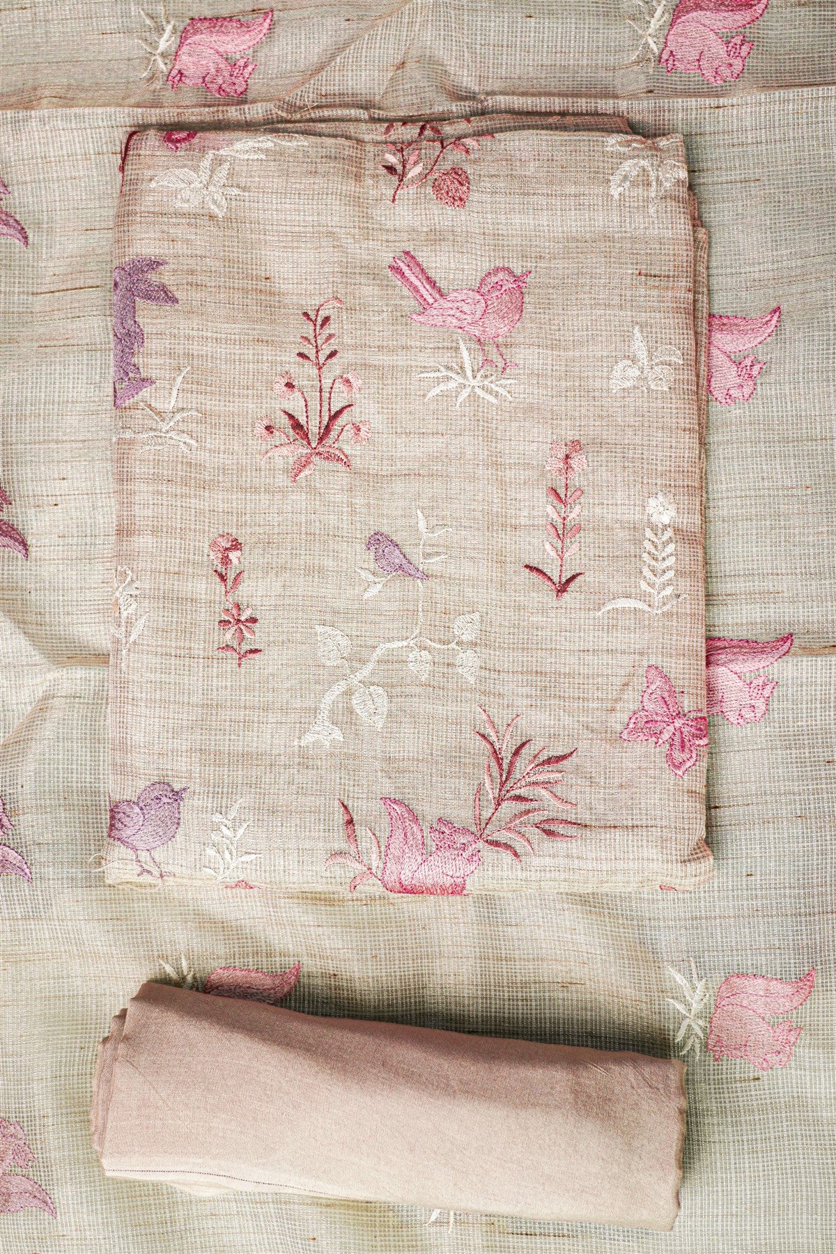 Tissue Kota Beige Embroidered Dress Material
