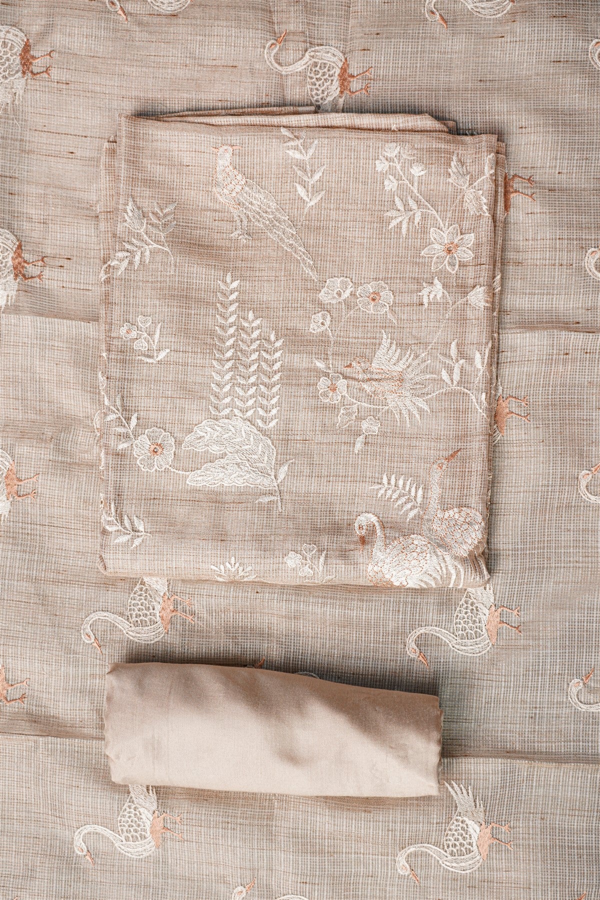 Tissue Kota Embroidery Beige Dress Materials