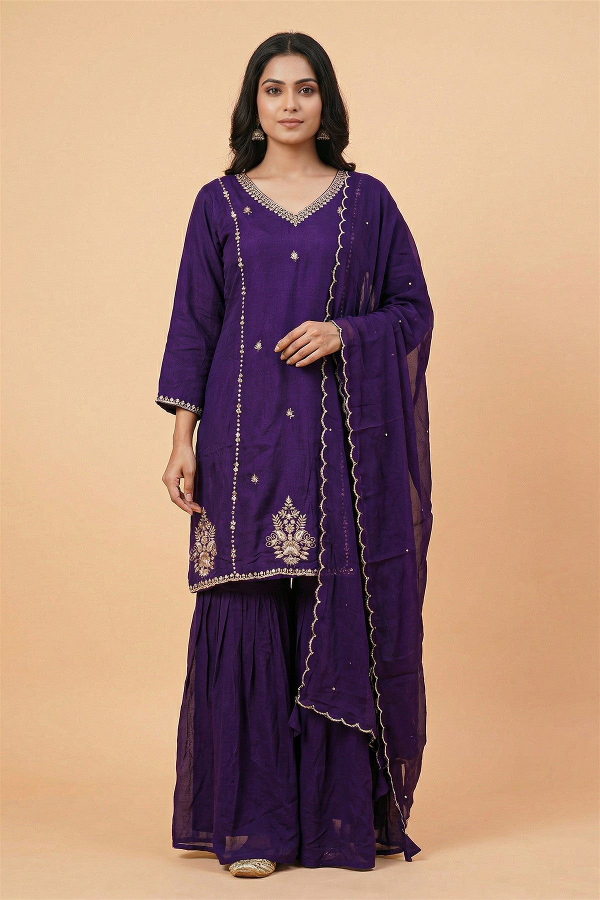 Silk Embroidered Purple Kurti Set With Dupatta