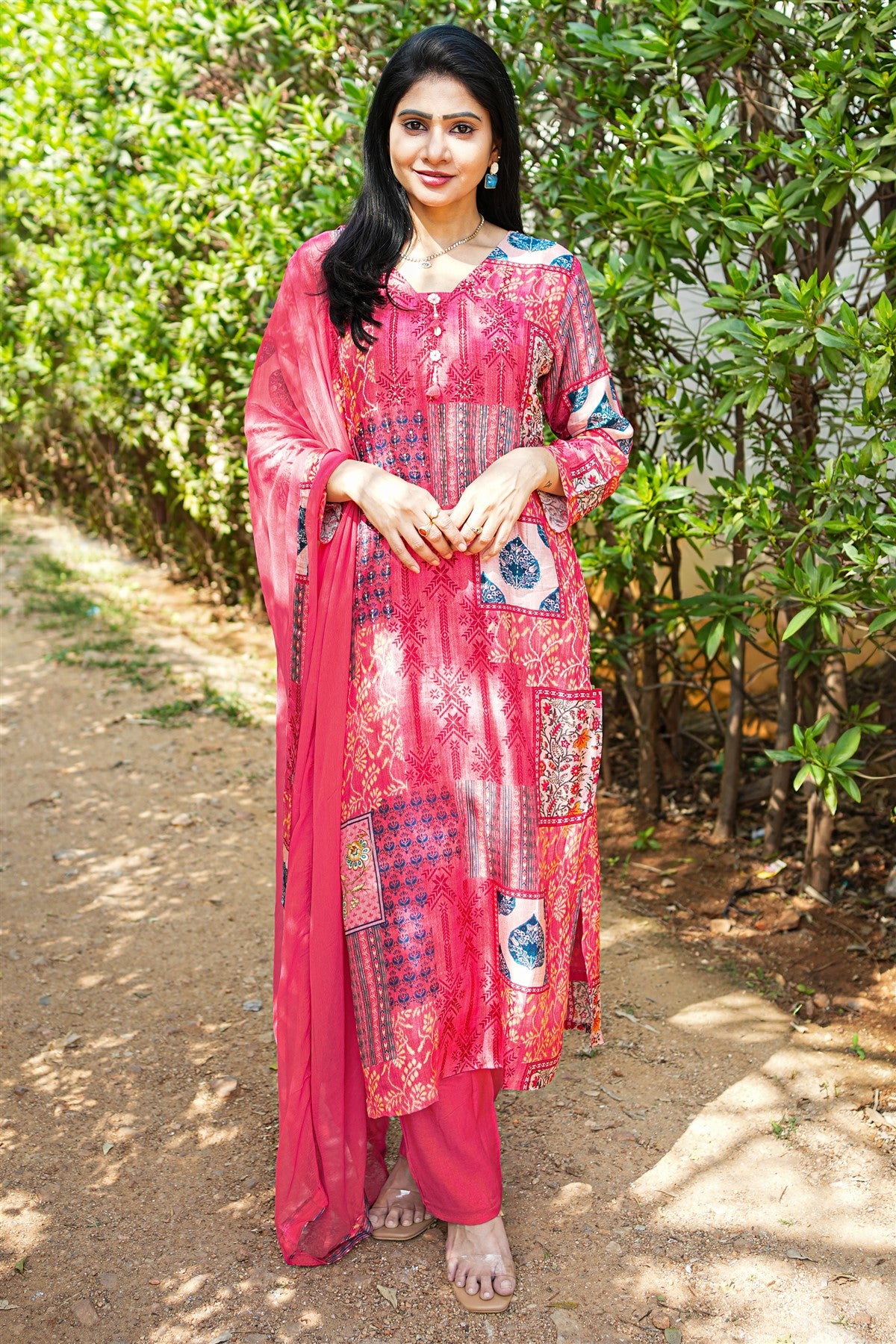 Silk Printed Pink Kurti Set With Dupatta