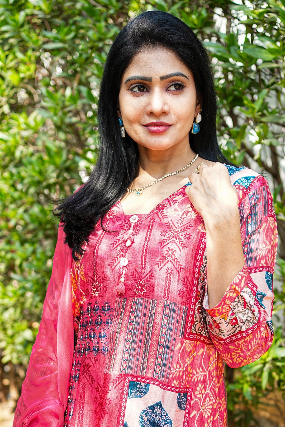 Silk Printed Pink Kurti Set With Dupatta