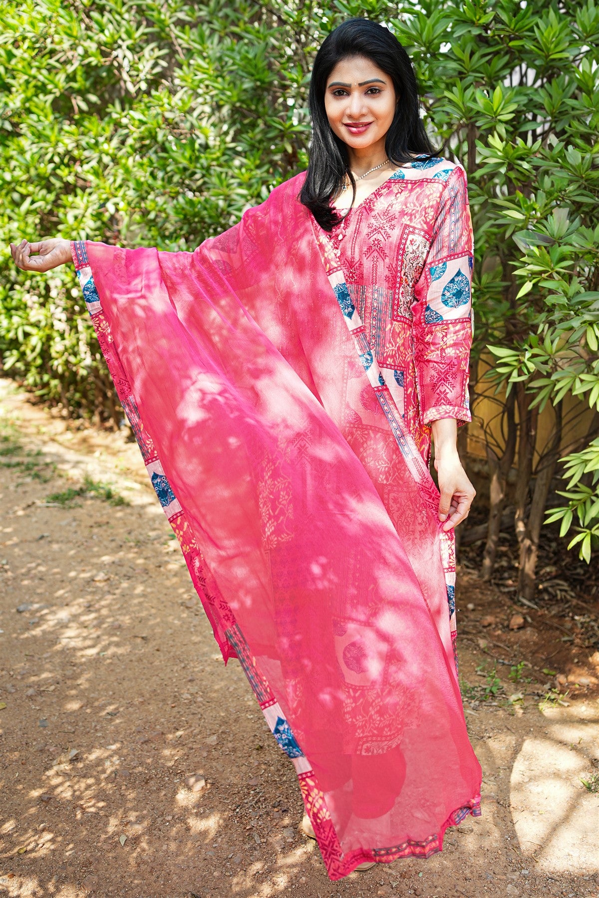 Silk Printed Pink Kurti Set With Dupatta