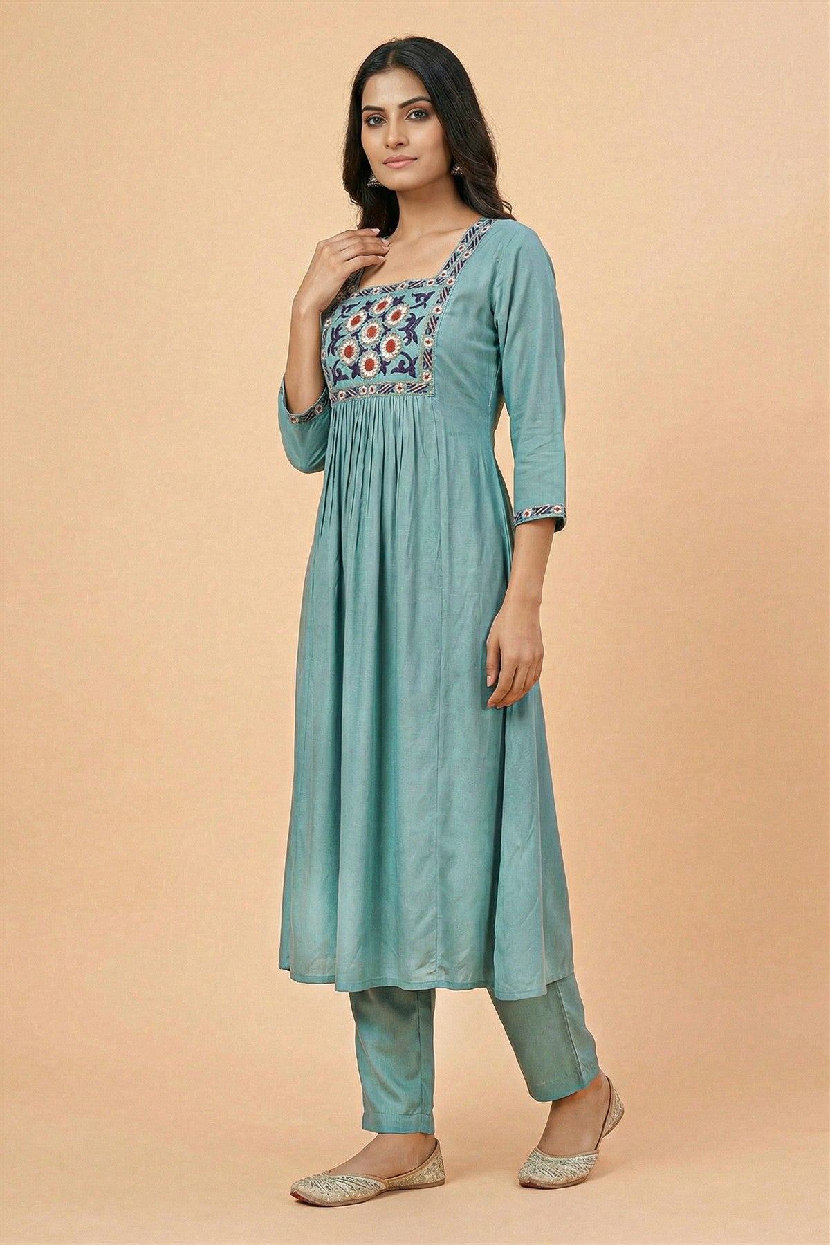 Silk Embroidered Sea Green Kurti Set