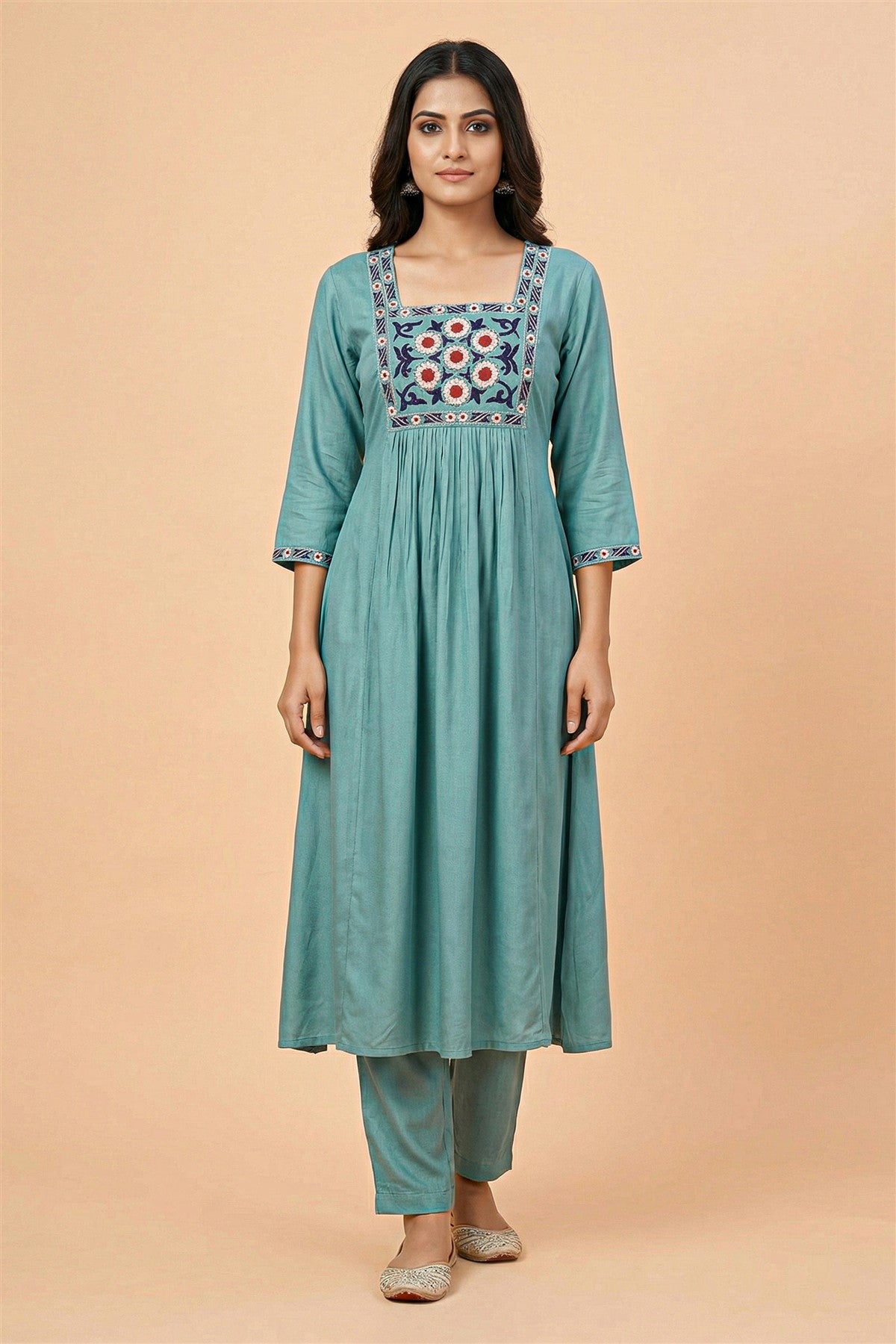 Silk Embroidered Sea Green Kurti Set