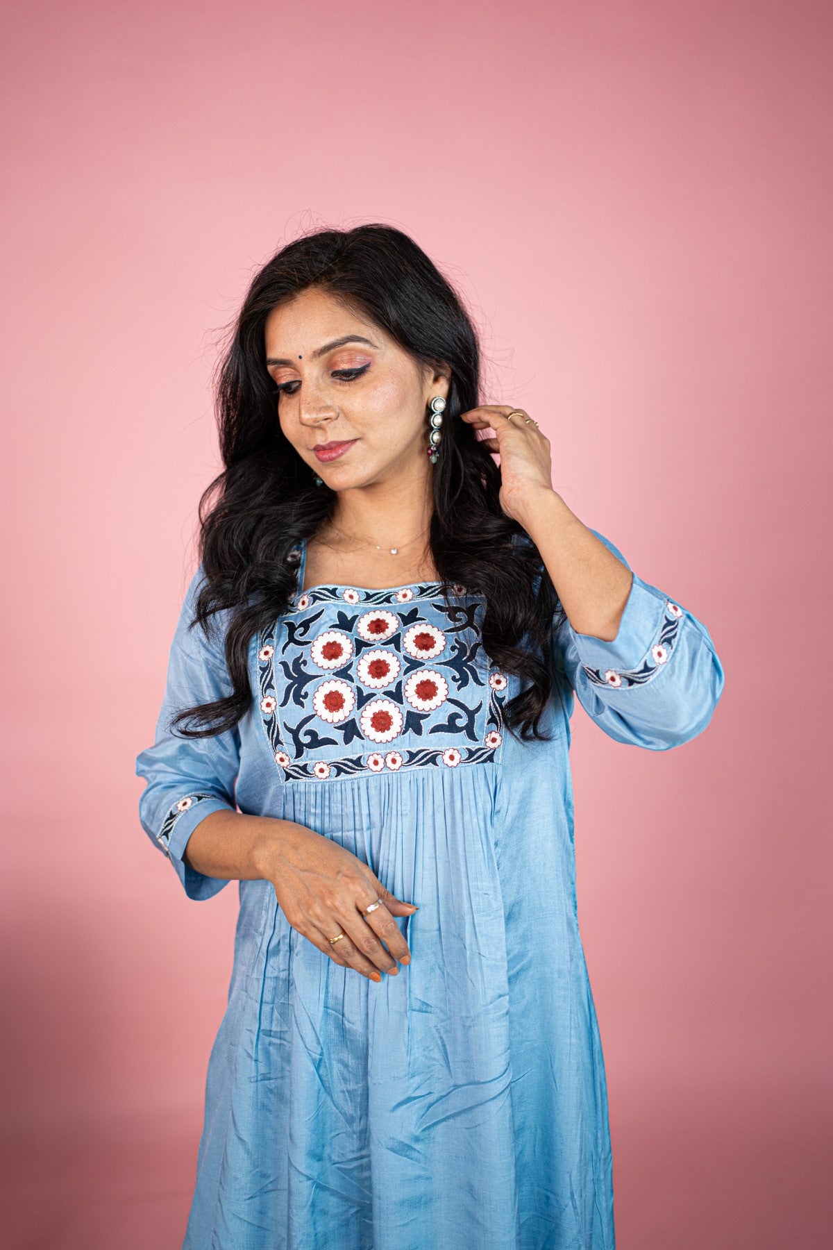 Silk Embroidered Blue Kurti Set