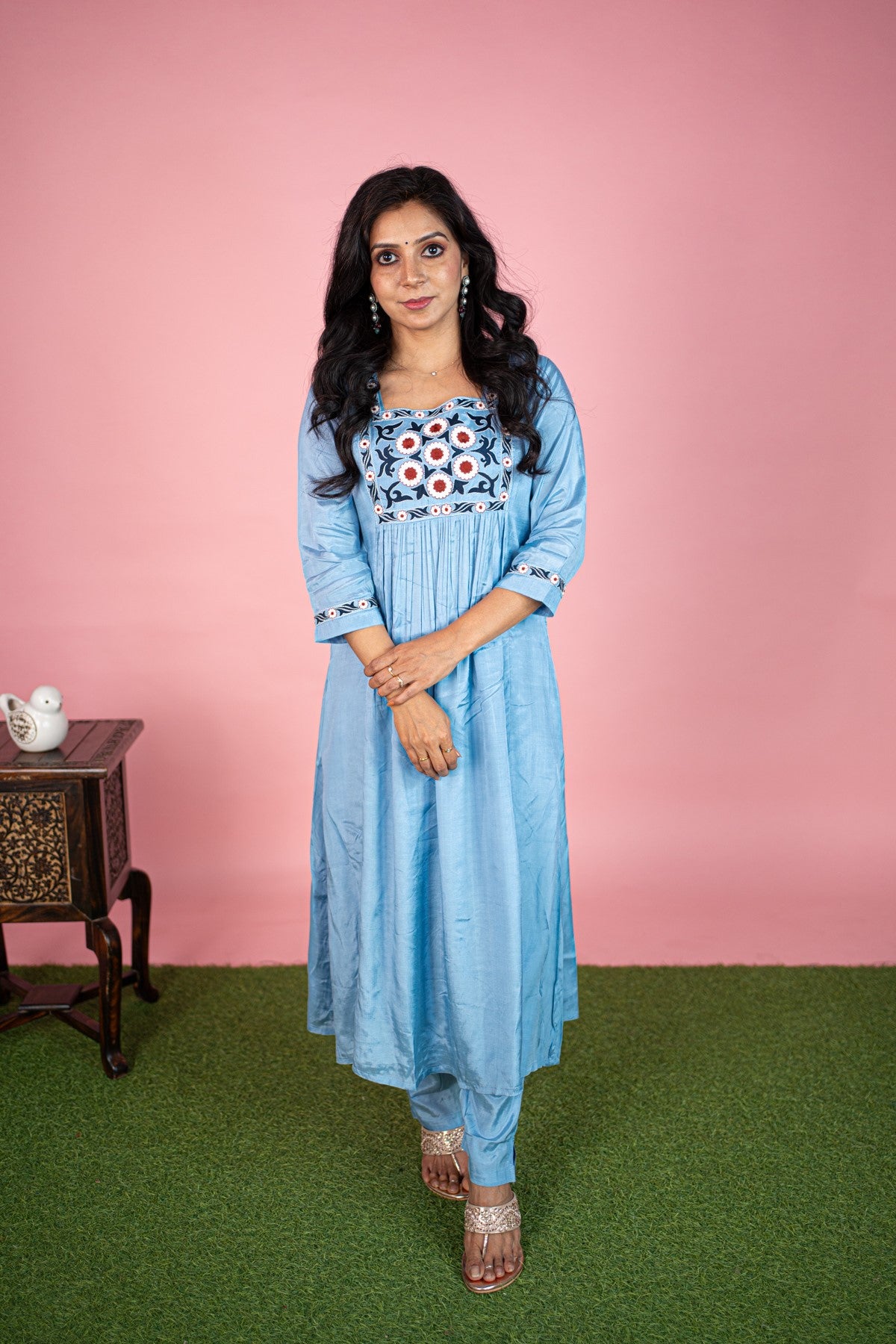 Silk Embroidered Blue Kurti Set