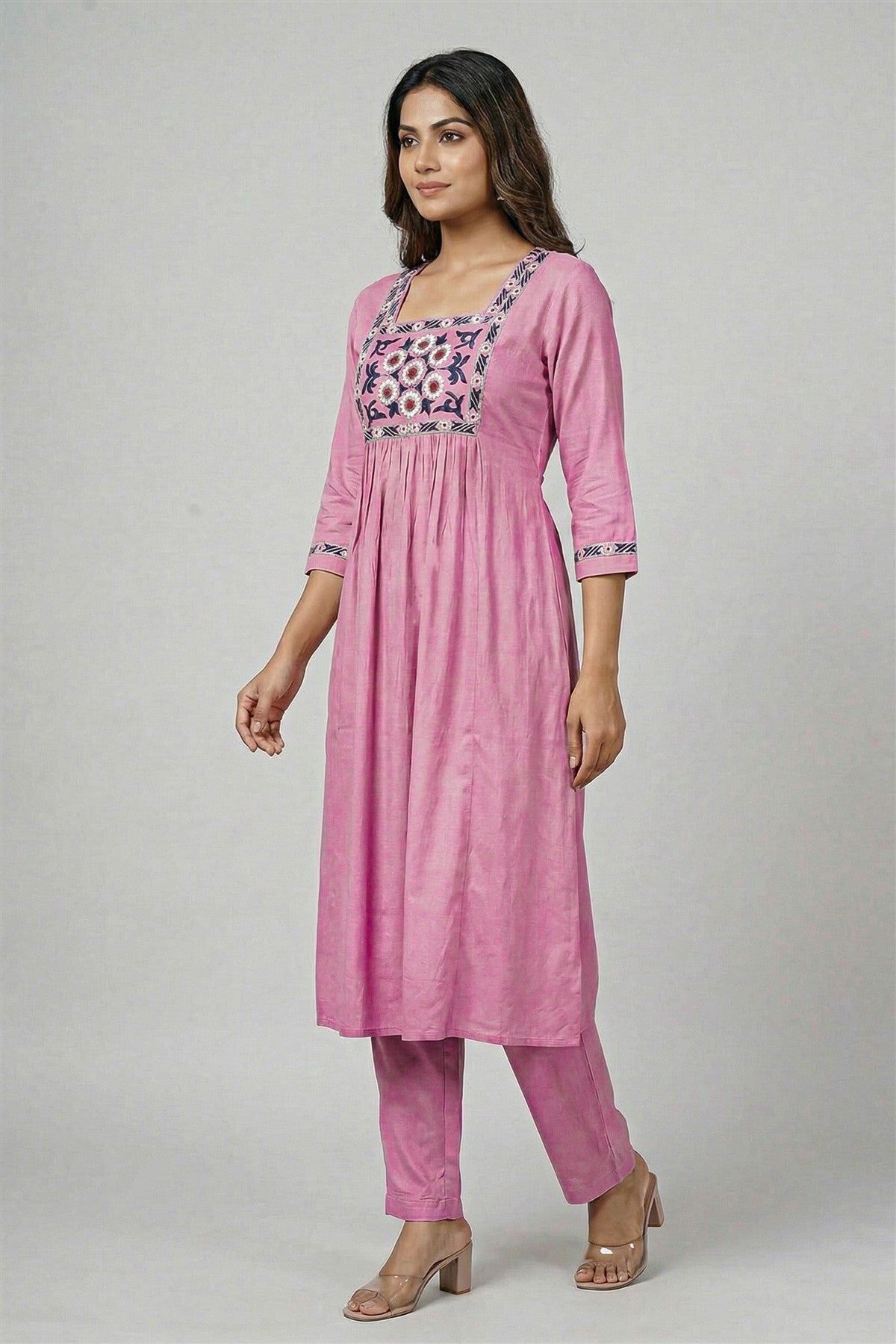 Silk Embroidered Pink Kurti Set