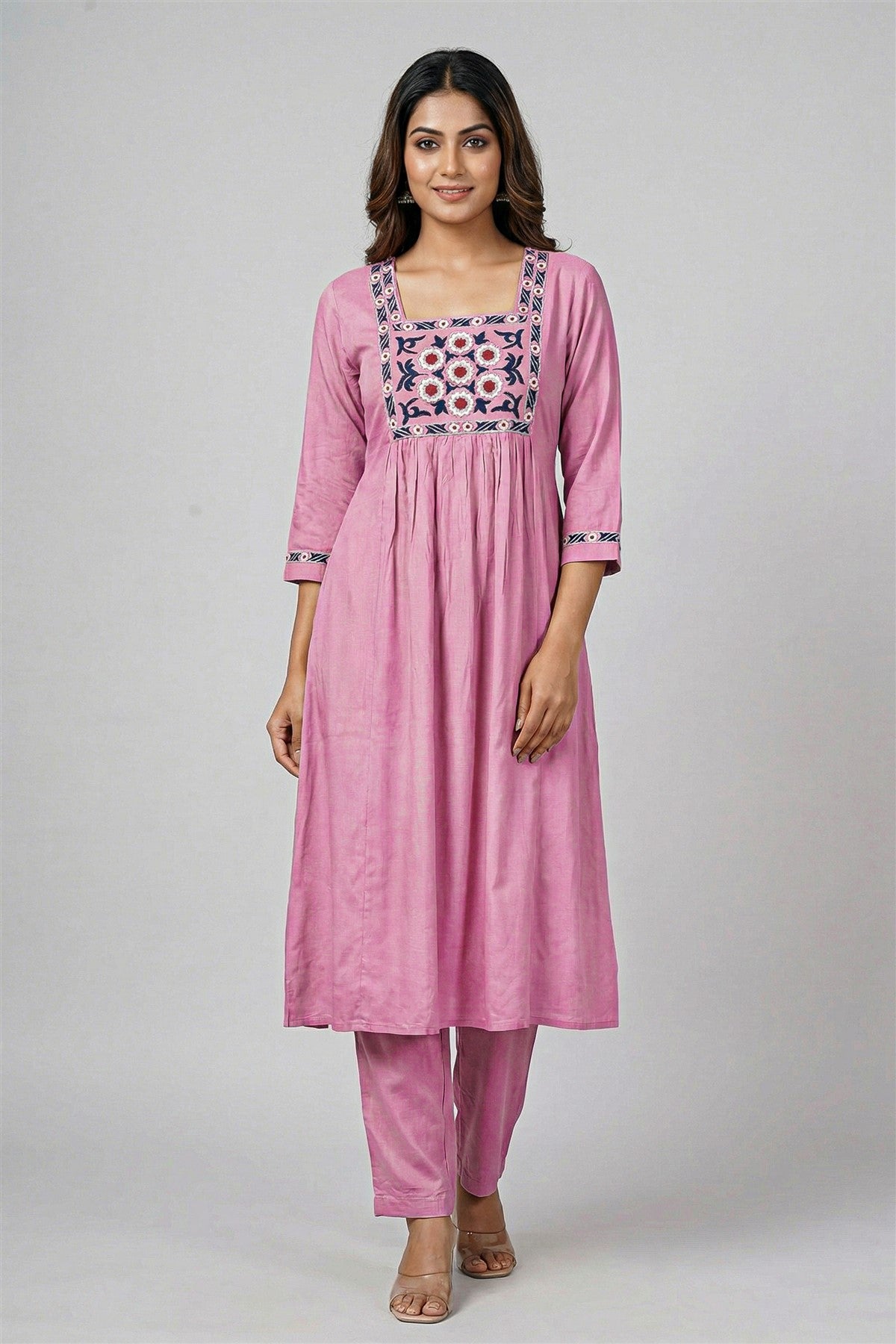 Silk Embroidered Pink Kurti Set
