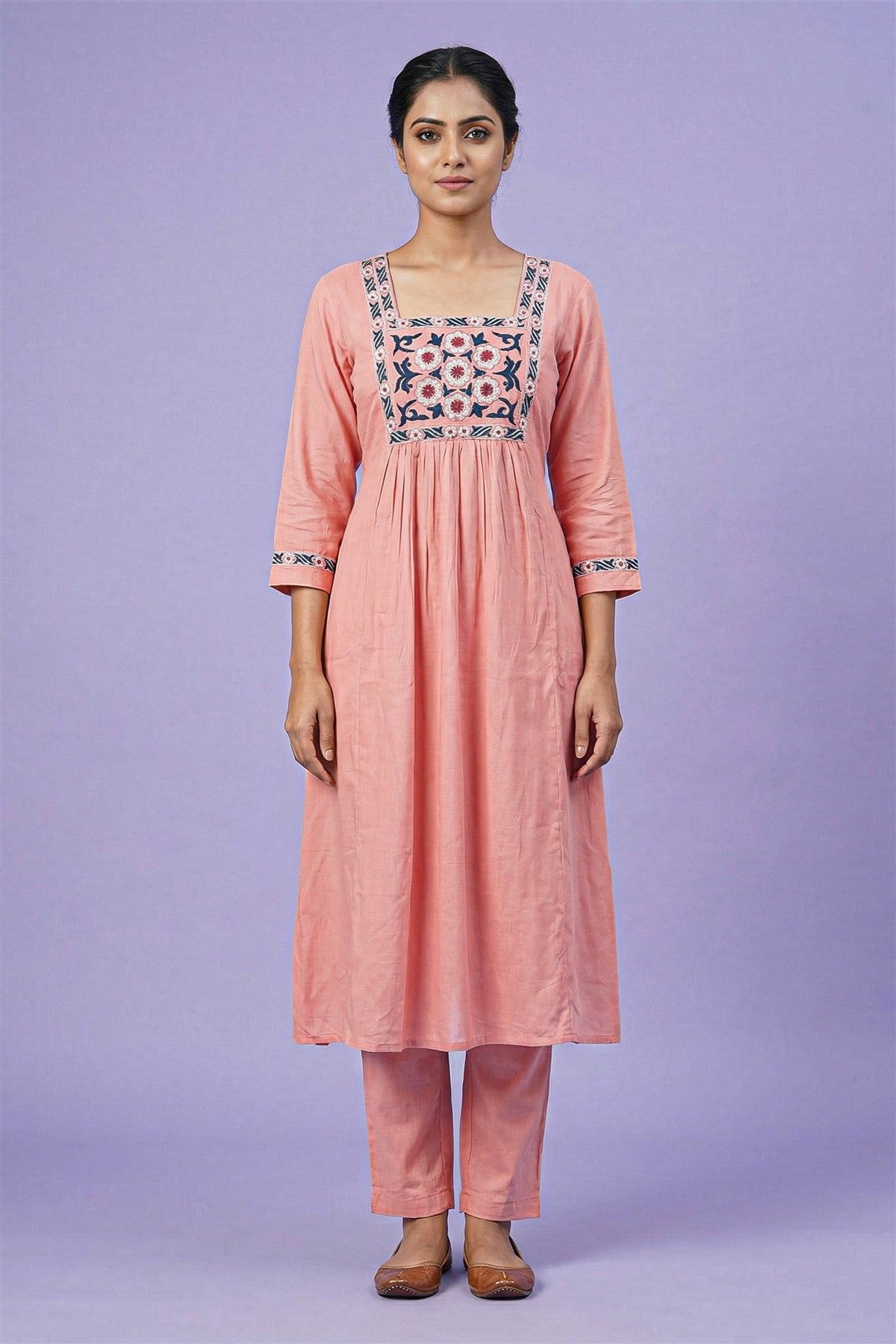 Silk Embroidered Peach Kurti Set