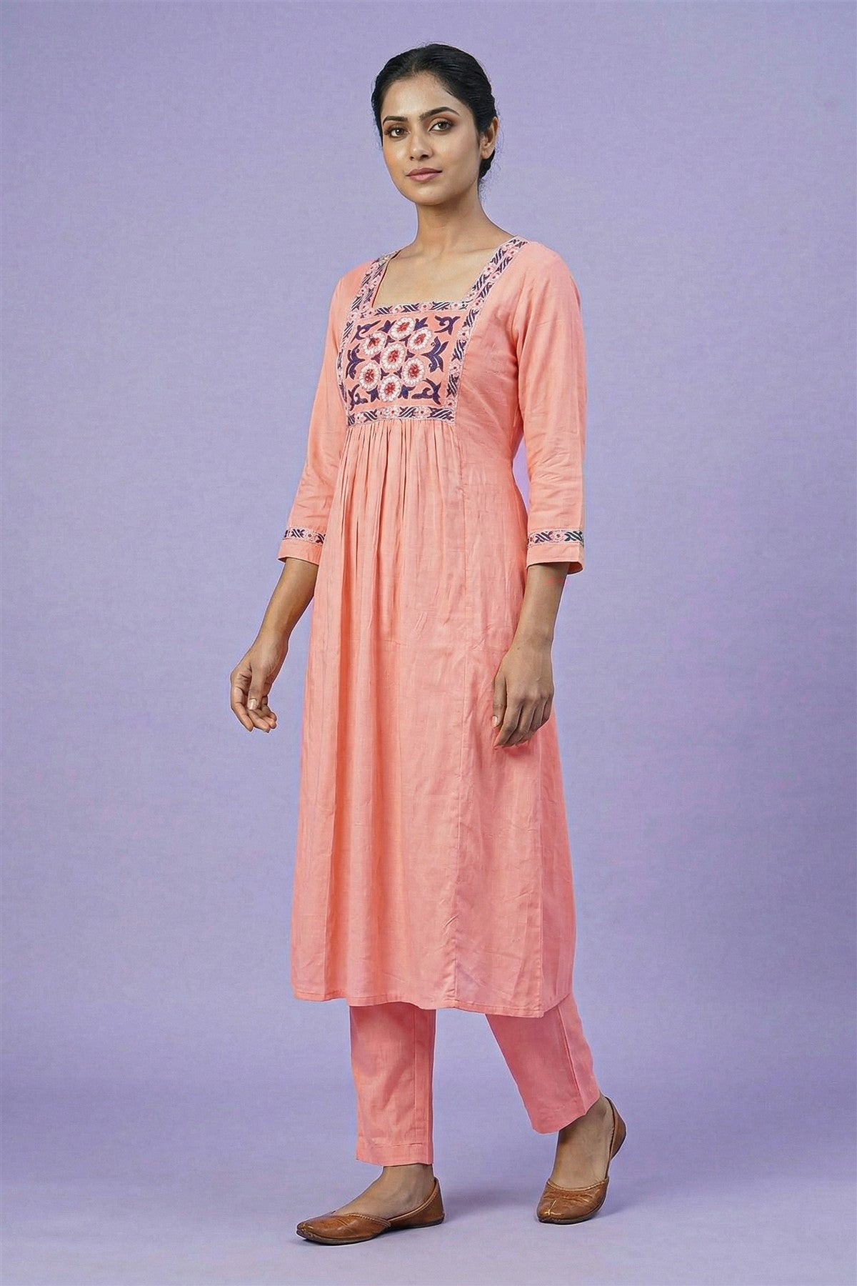 Silk Embroidered Peach Kurti Set