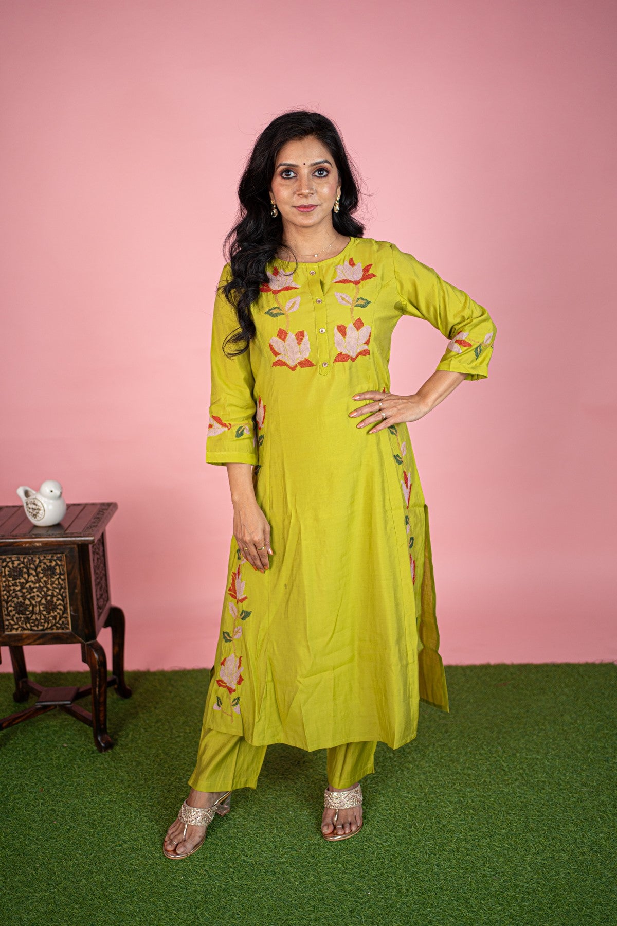 Silk Embroidered Lime Green Kurti Set