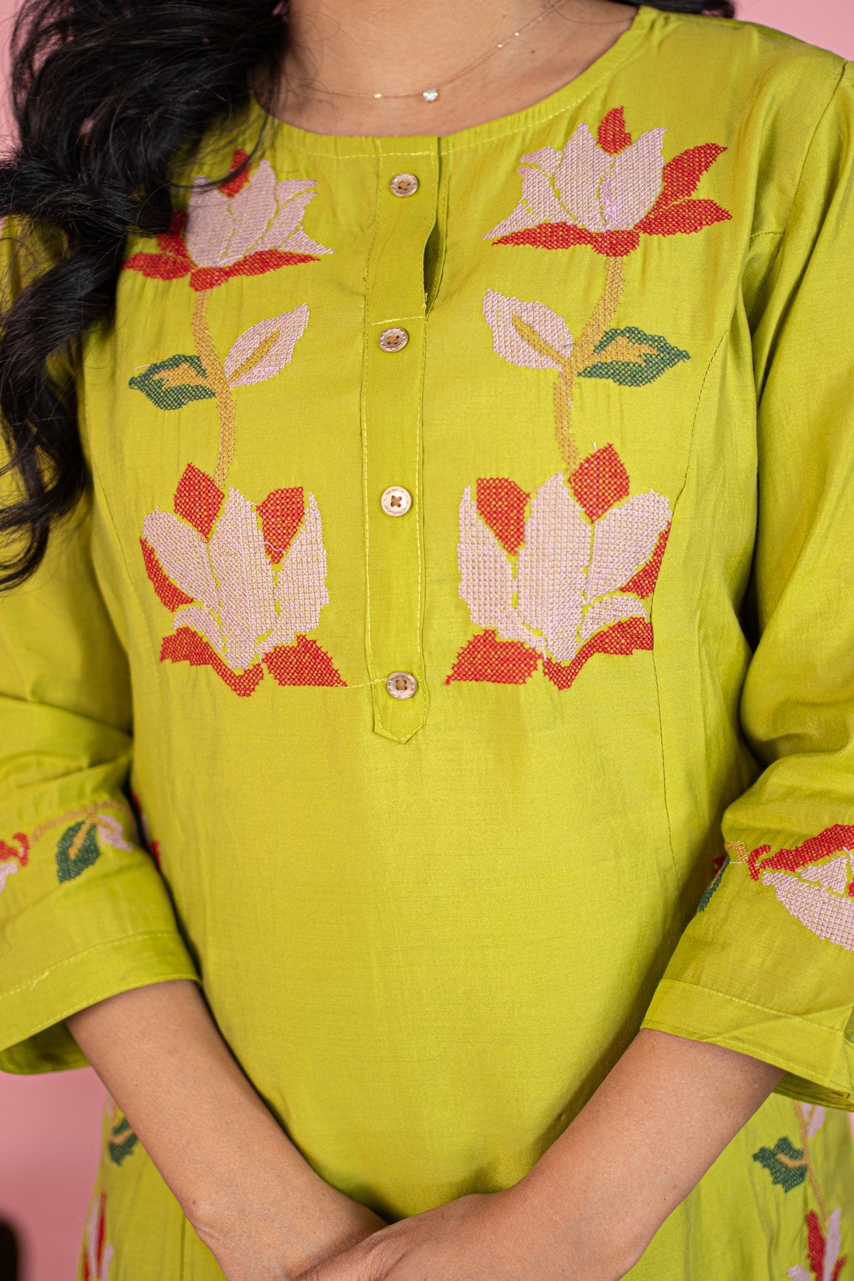 Silk Embroidered Lime Green Kurti Set