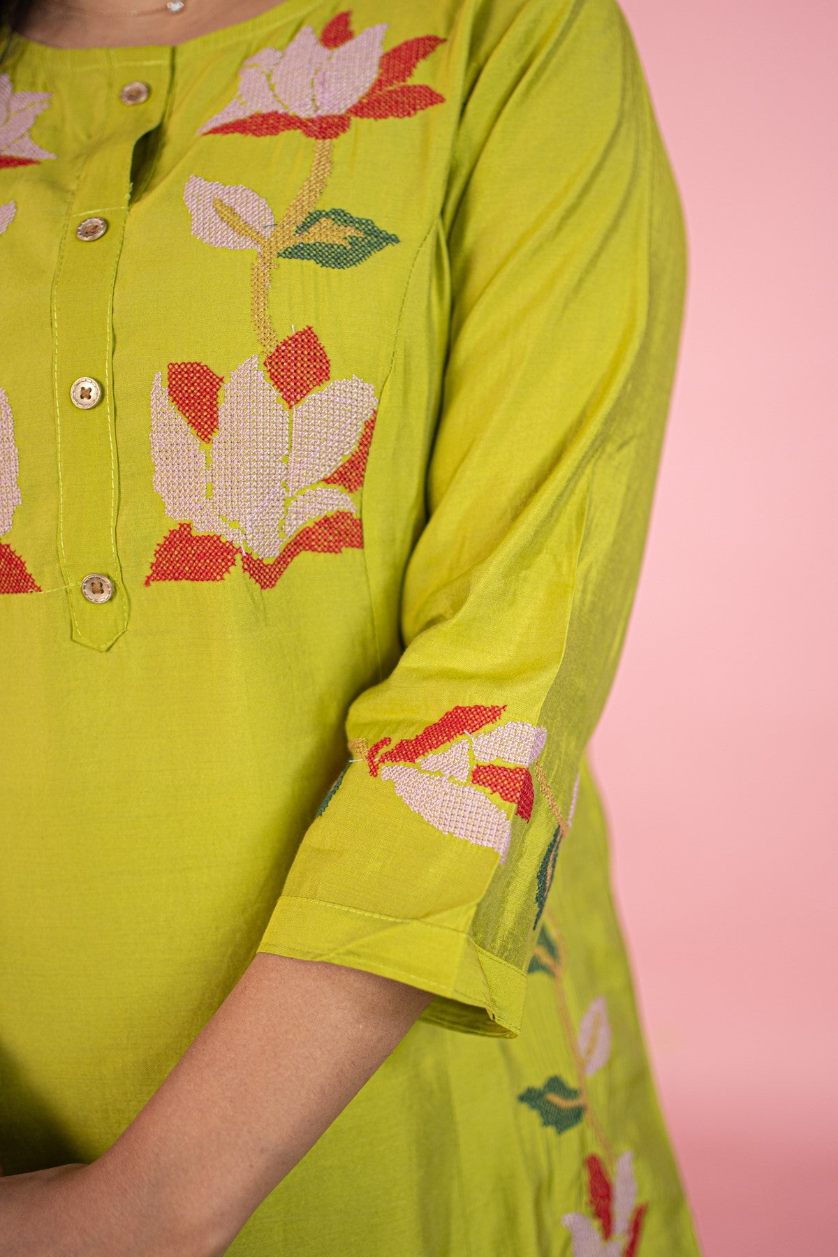 Silk Embroidered Lime Green Kurti Set