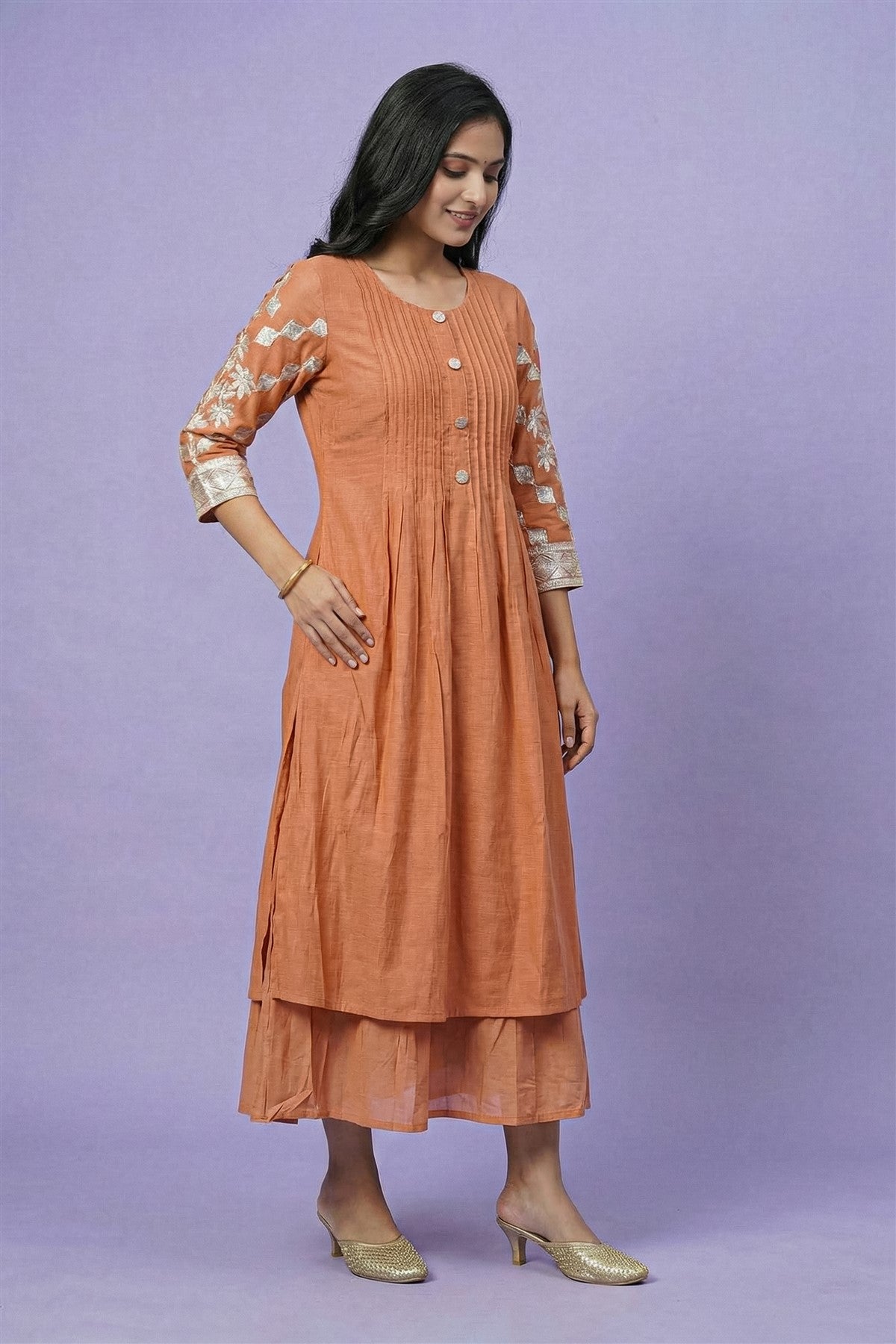 Silk Embroidered Orange Kurti Set
