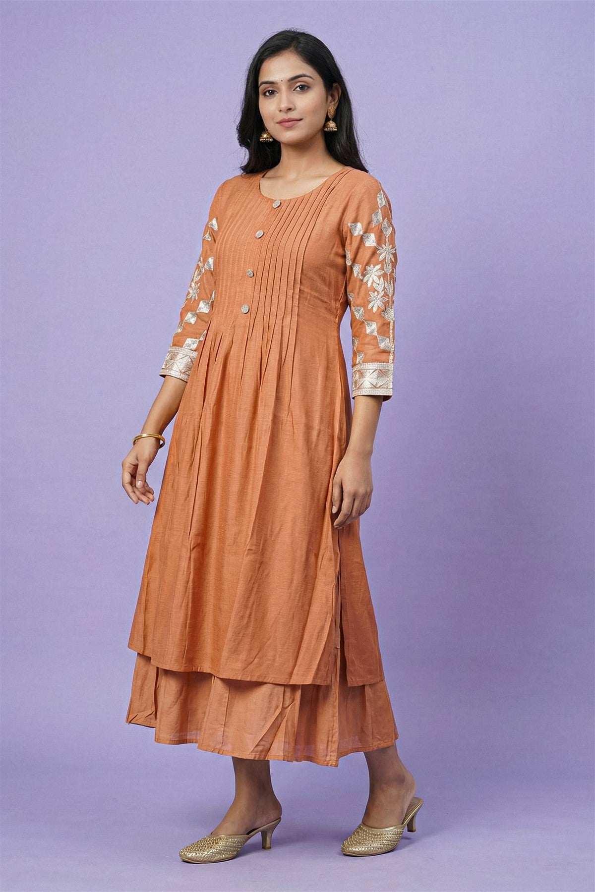 Silk Embroidered Orange Kurti Set