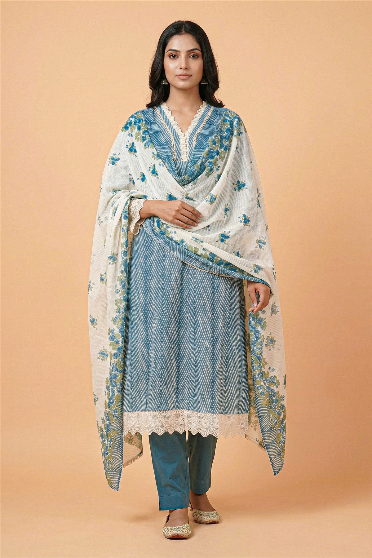 Cotton Printed Blue Kurti Set With Dupatta