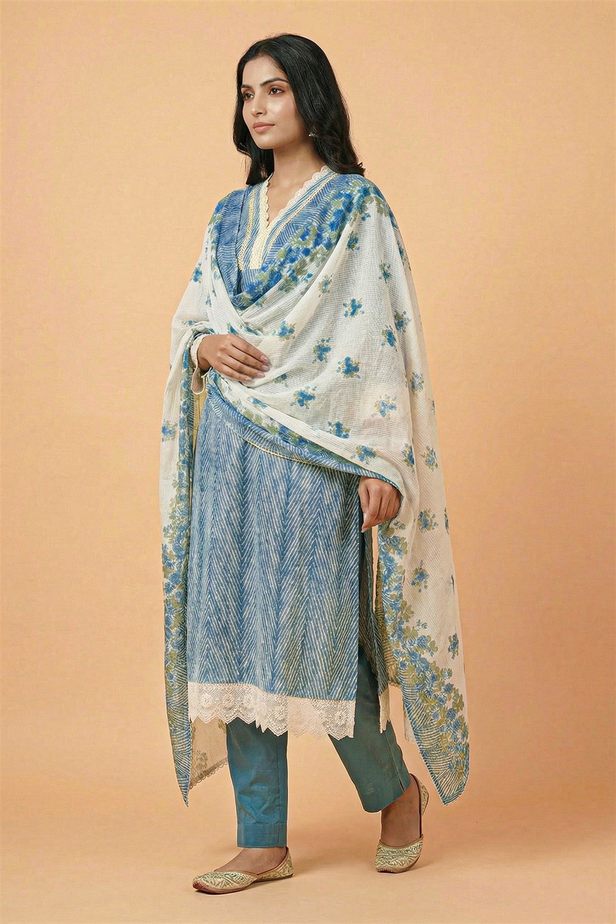 Cotton Printed Blue Kurti Set With Dupatta