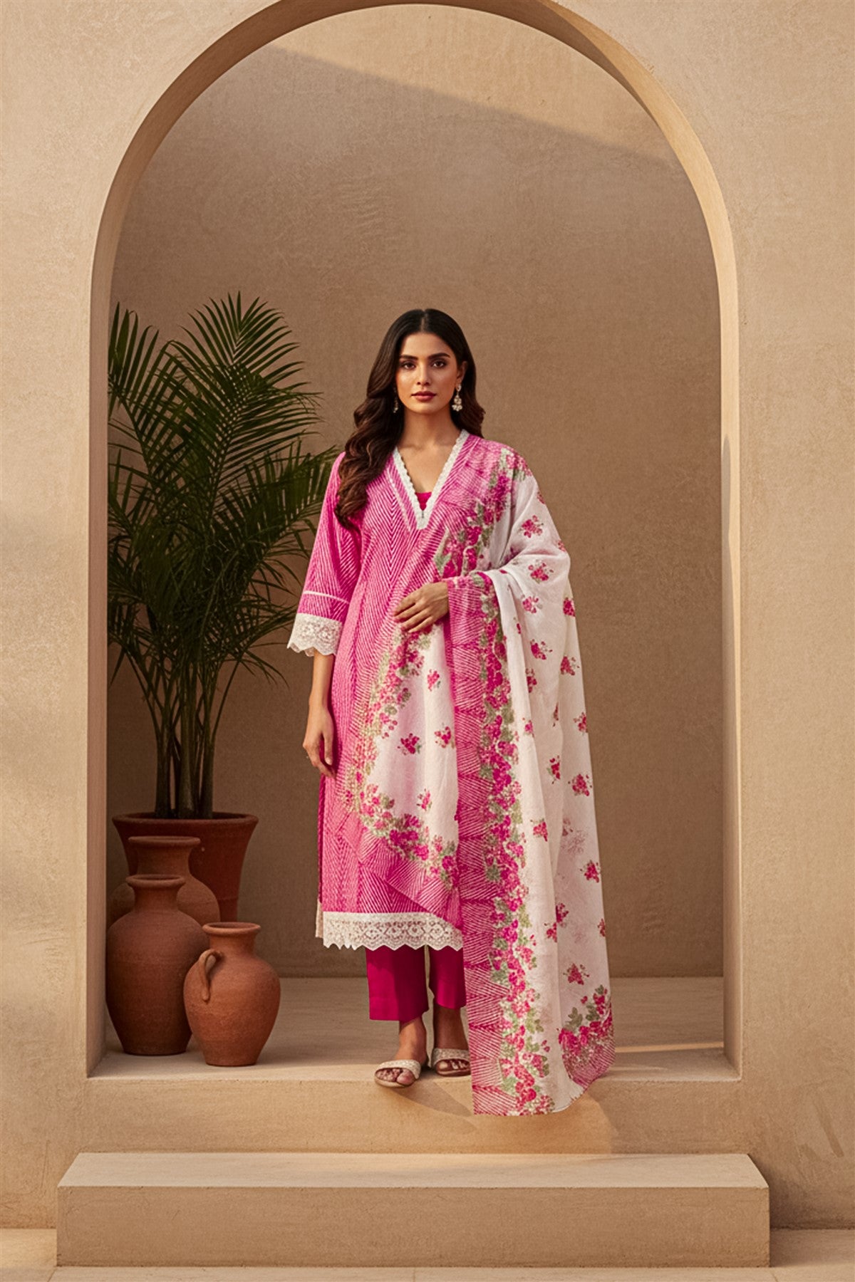 Cotton Printed Pink Kurti Set With Dupatta