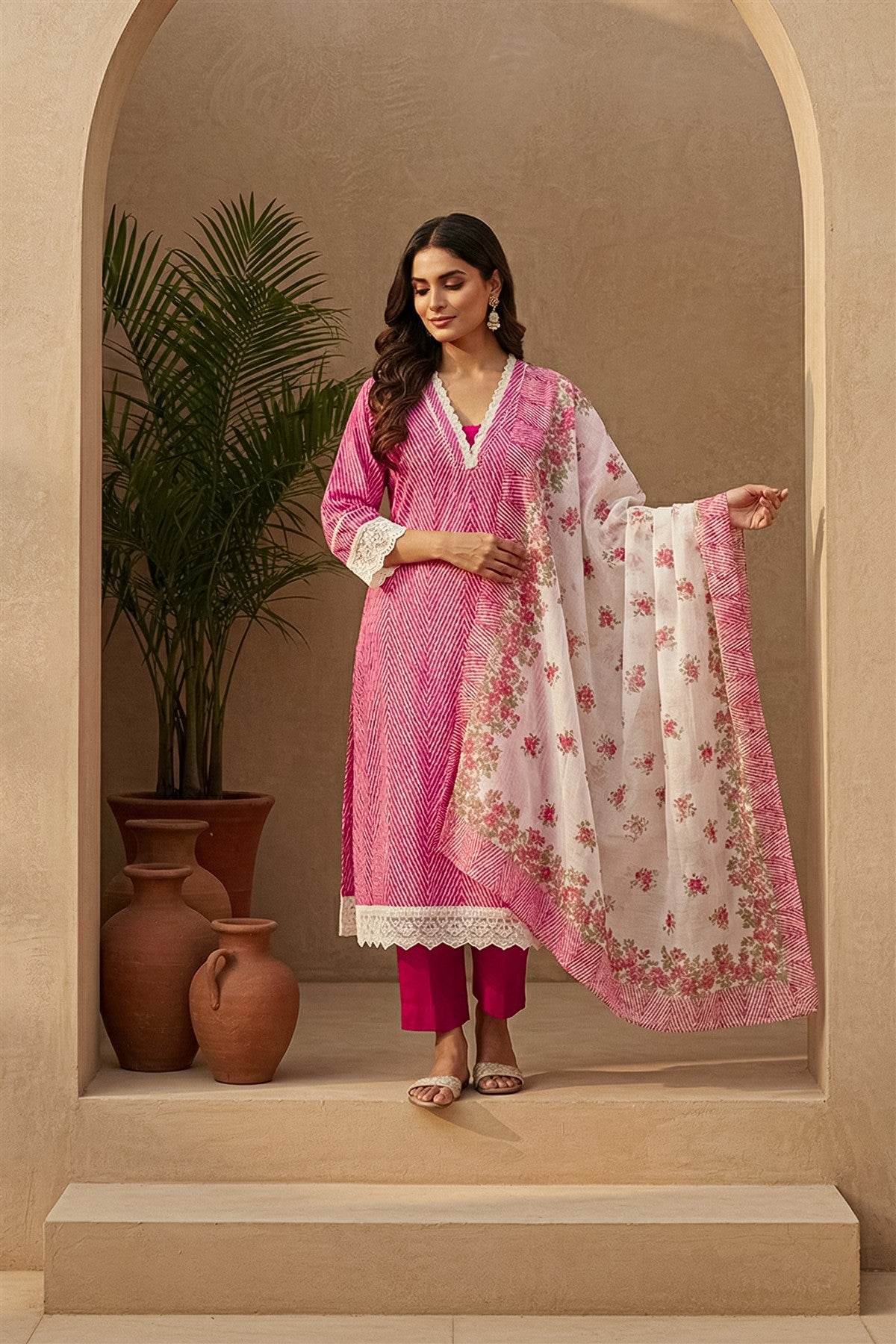 Cotton Printed Pink Kurti Set With Dupatta